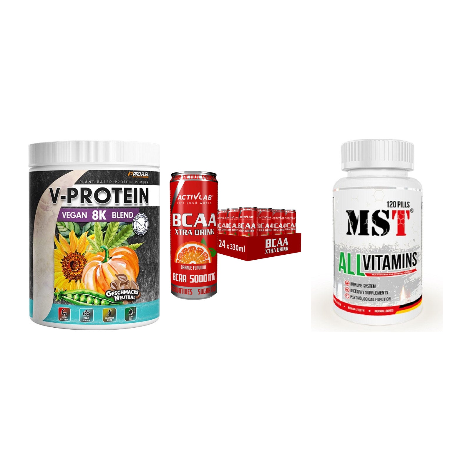 Pflanzliches Set: ProFuel V-Prote + Activlab BCAA + MST All Vitamin – alle enthaltenen Artikel