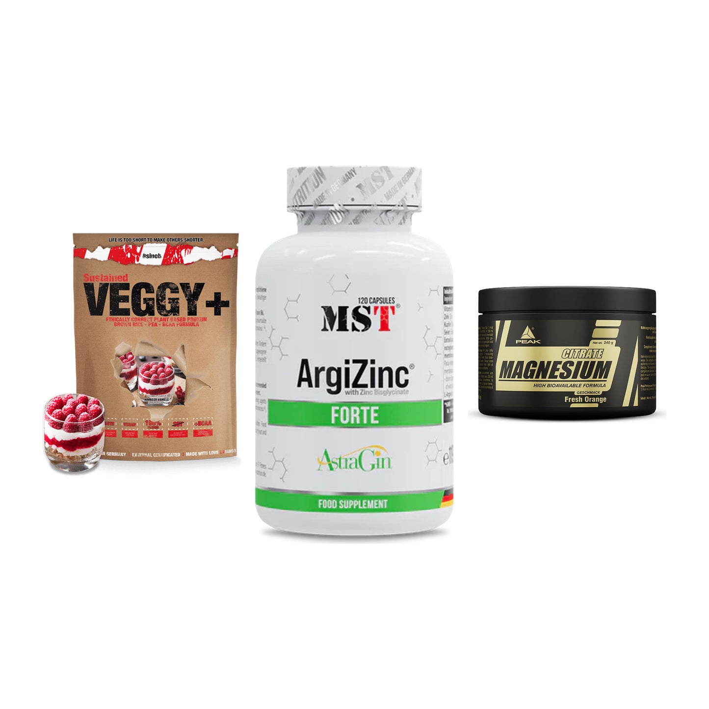 Pflanzliches Set: Sinob VEGGY + MST ArgiZinc + Peak Magnesium – alle enthaltenen Artikel