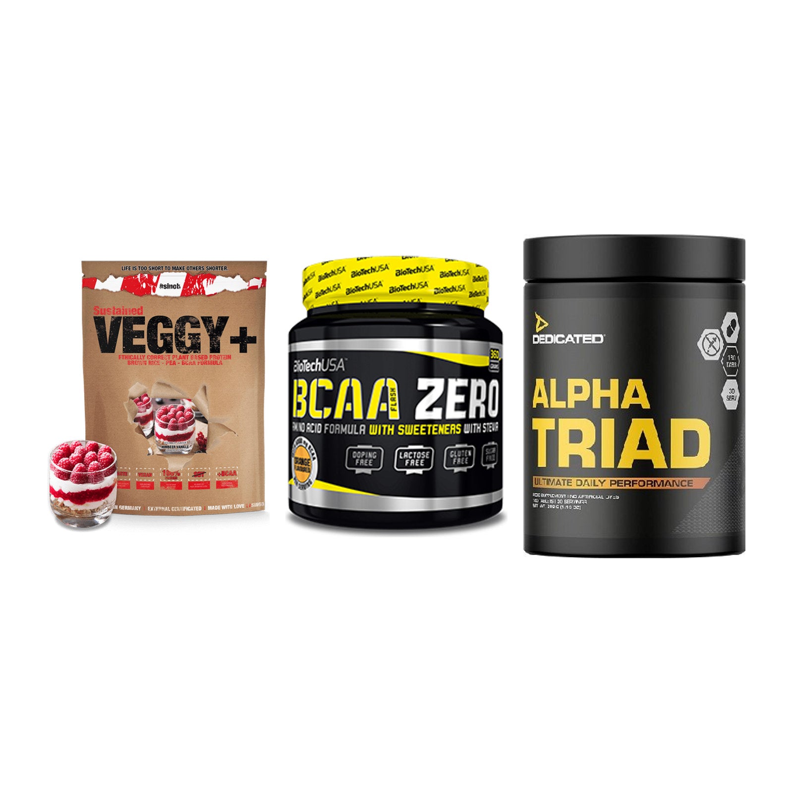 Pflanzliches Set: Sinob VEGGY + BioTech BCAA + Dedicated Alpha – alle enthaltenen Artikel