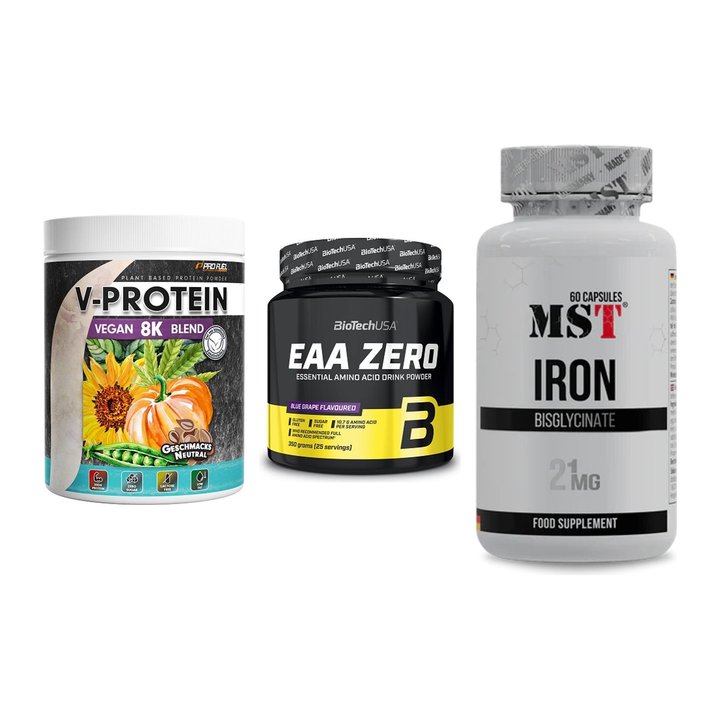 Pflanzliches Set: ProFuel V-Prote + BioTech EAA + MST Iron – alle enthaltenen Artikel