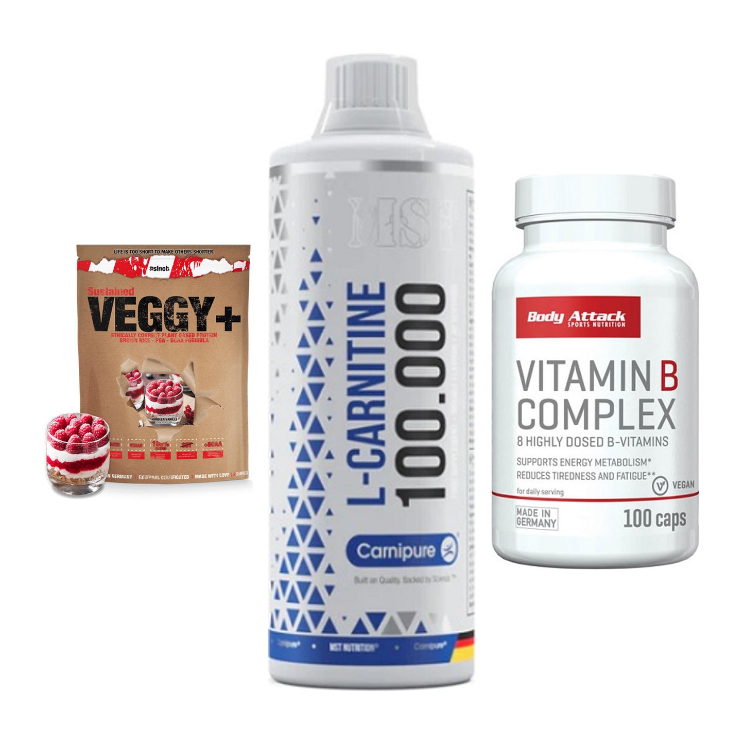 Pflanzliches Set: Sinob VEGGY + MST L-Carnitine + Body Attack – alle enthaltenen Artikel
