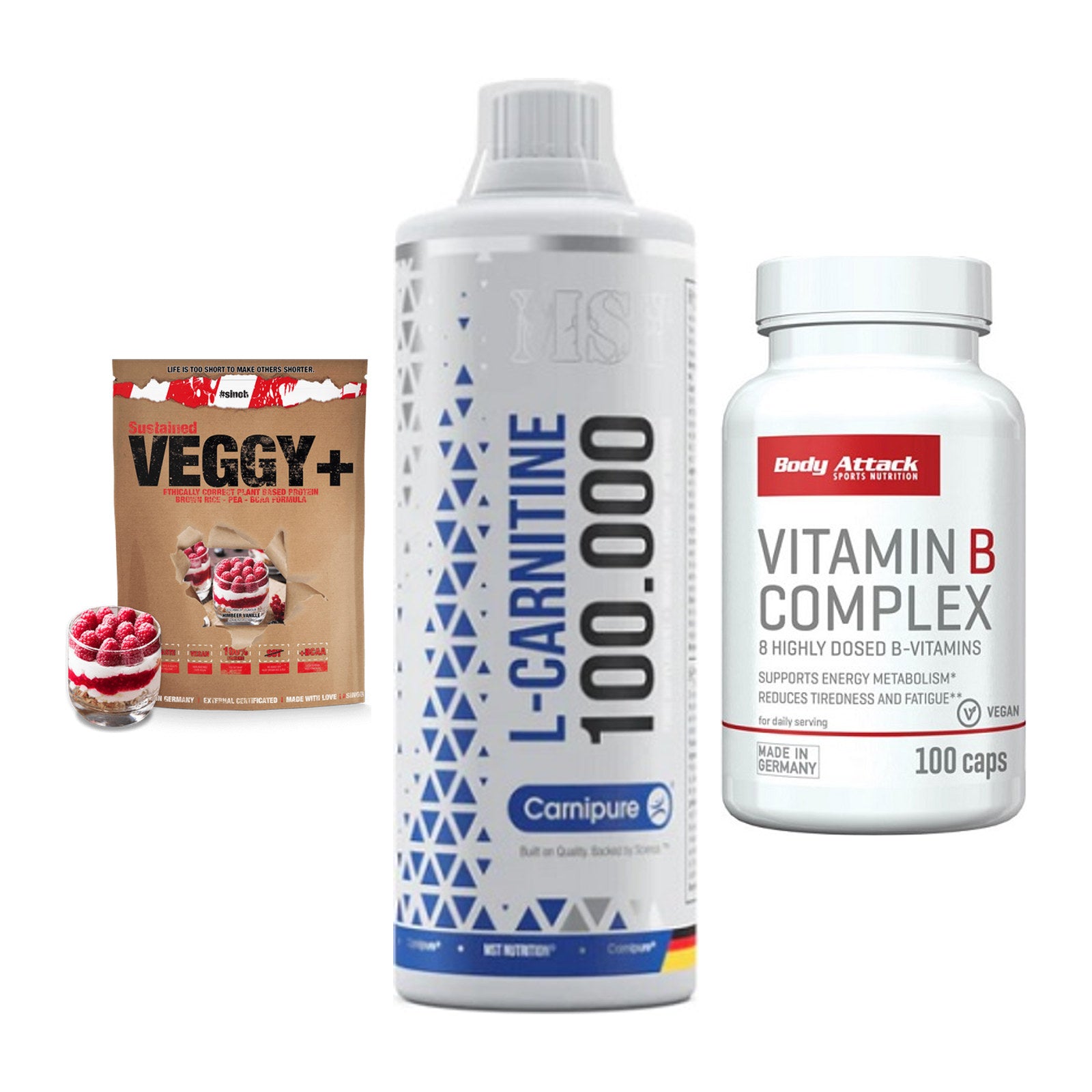 Pflanzliches Set: Sinob VEGGY + MST L-Carnitine + Body Attack – alle enthaltenen Artikel