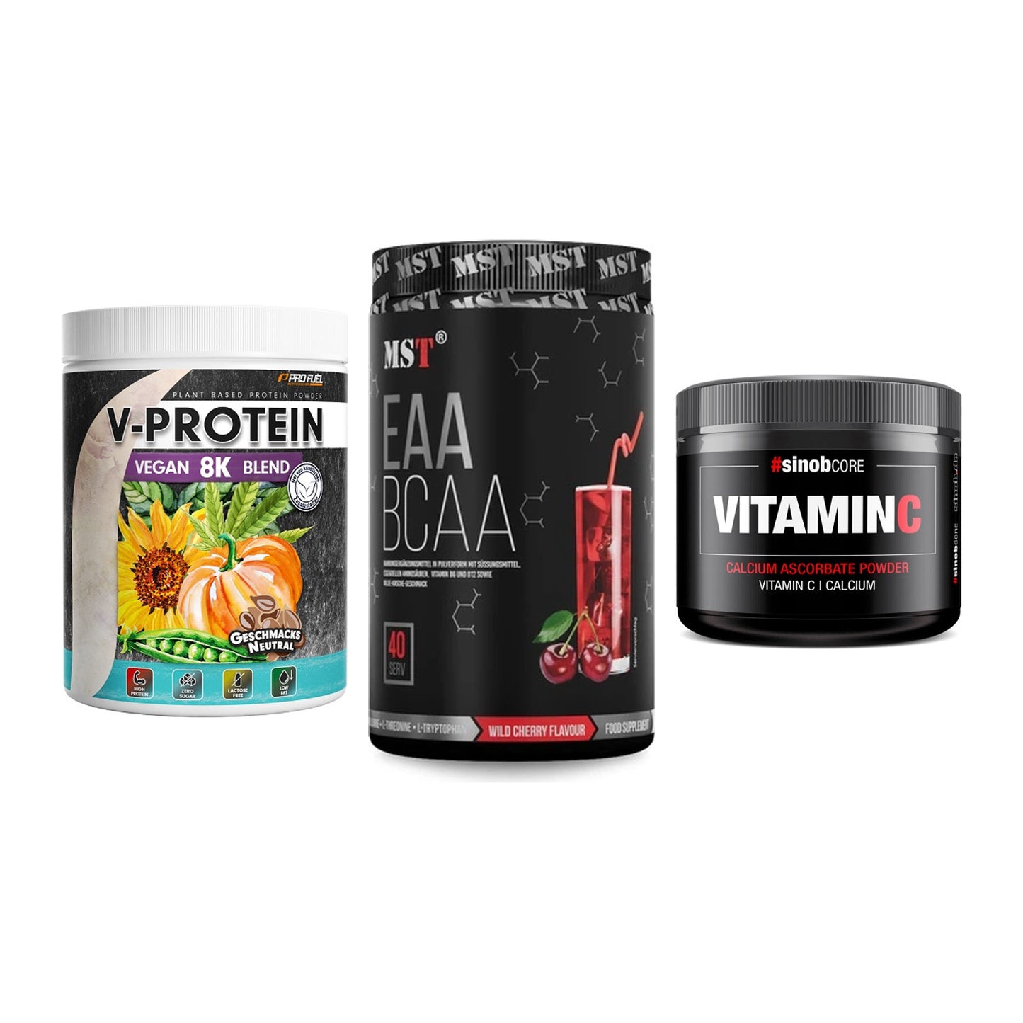 Pflanzliches Set: ProFuel V-Prote + MST EAA & BCAA + Sinob Vitamin C – alle enthaltenen Artikel