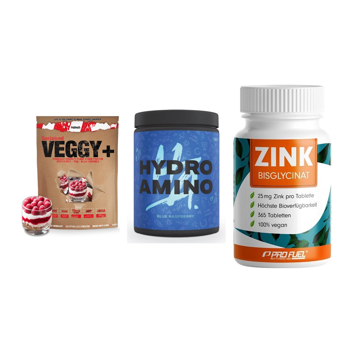 Pflanzliches Set: Sinob VEGGY + Nanosupps Hydro + ProFuel Zink – alle enthaltenen Artikel