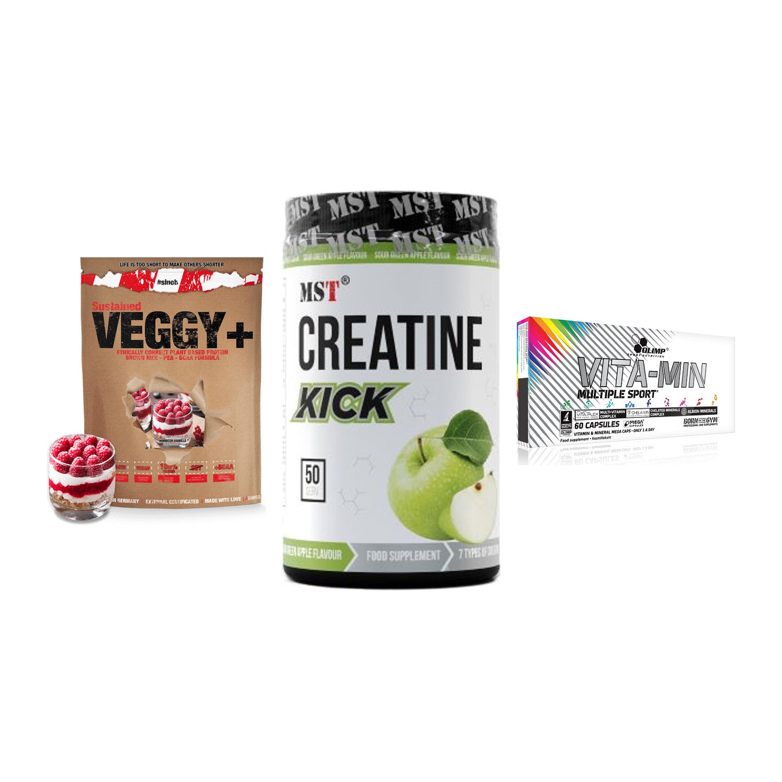 Pflanzliches Set: Sinob VEGGY + MST Creatine + Olimp Vita-Min – alle enthaltenen Artikel