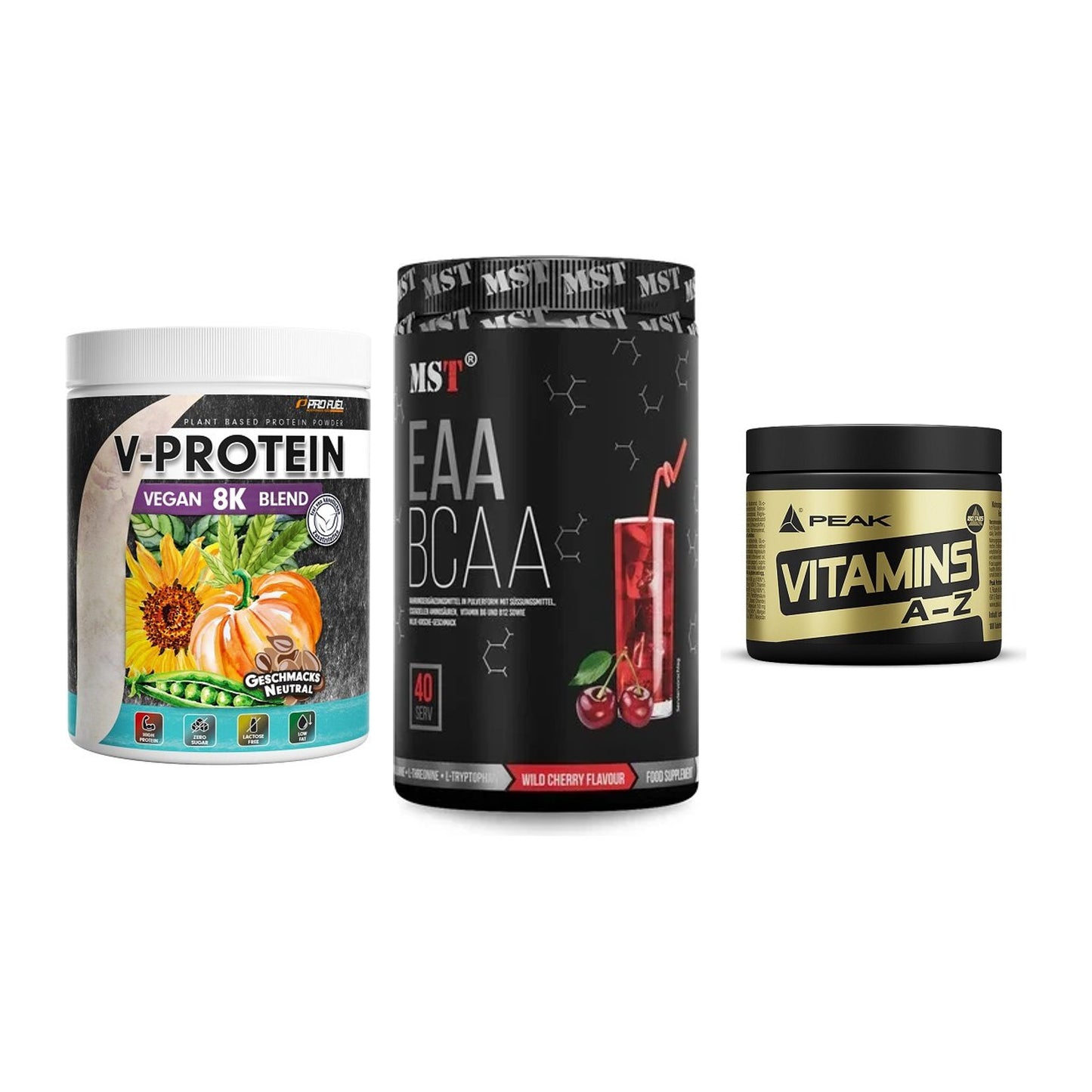 Pflanzliches Set: ProFuel V-Prote + MST EAA & BCAA + Peak Vitamin – alle enthaltenen Artikel