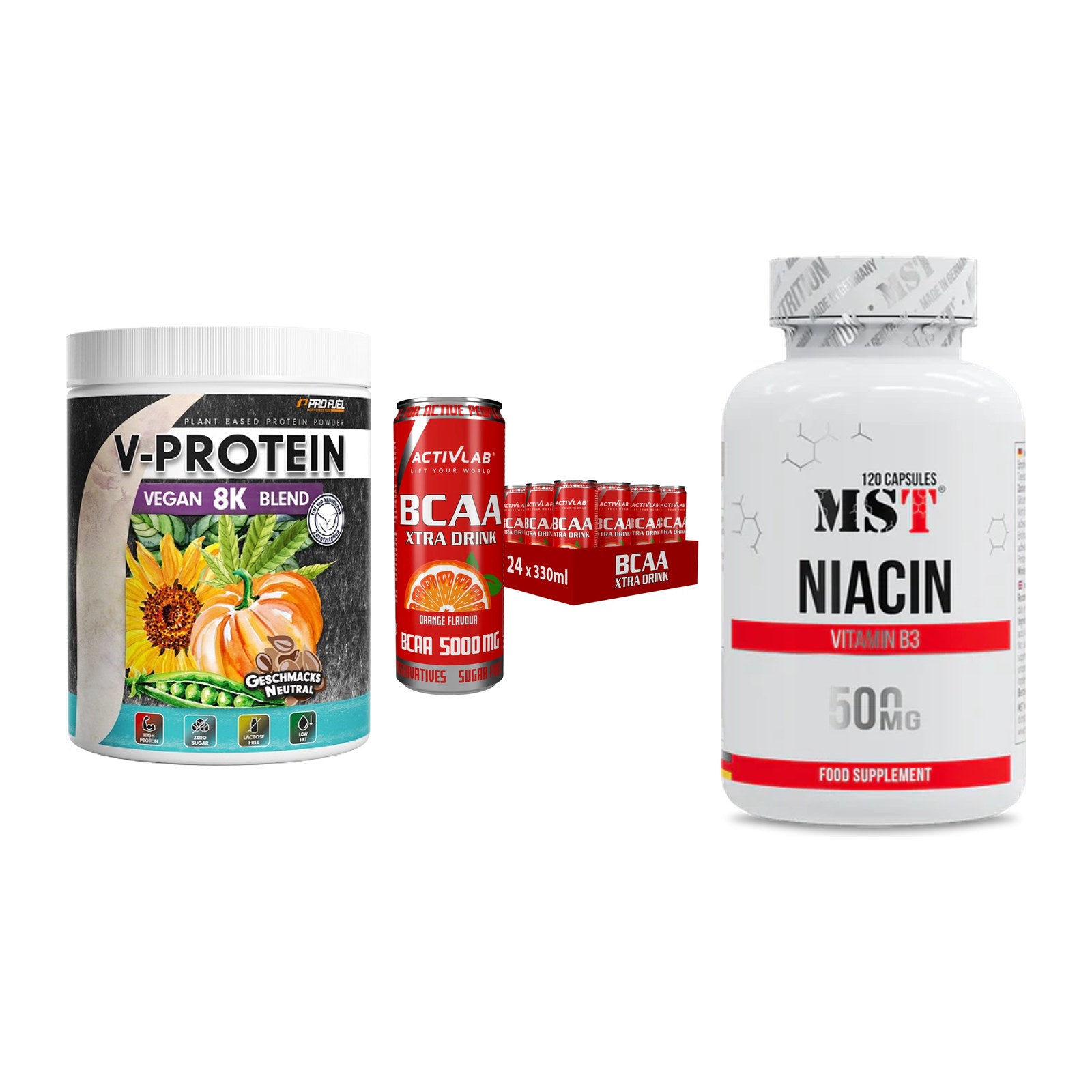 Pflanzliches Set: ProFuel V-Prote + Activlab BCAA + MST Niacin – alle enthaltenen Artikel