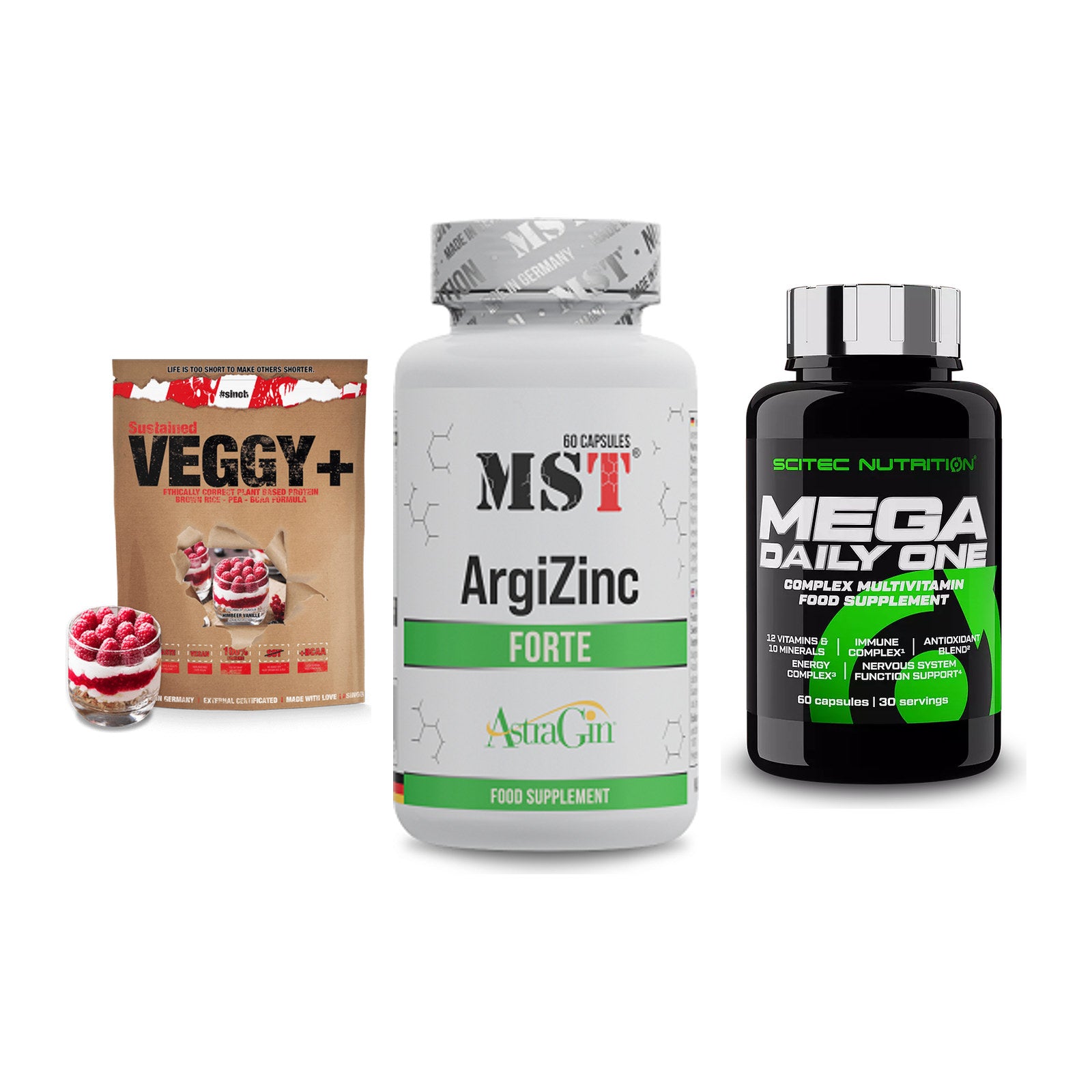 Pflanzliches Set: Sinob VEGGY + MST ArgiZinc + Scitec Mega – alle enthaltenen Artikel