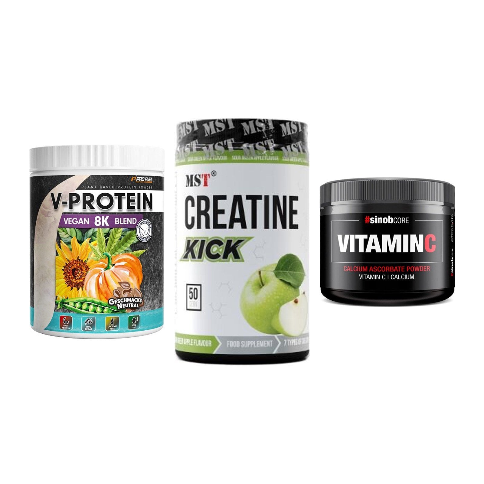 Pflanzliches Set: ProFuel V-Prote + MST Creatine + Sinob Vitamin C – alle enthaltenen Artikel