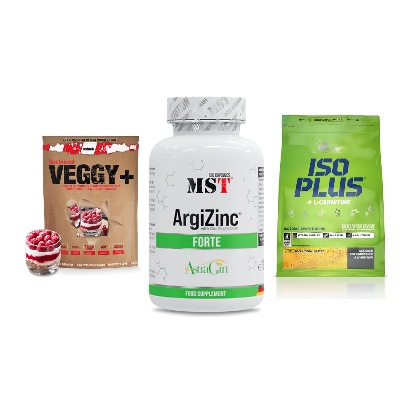 Pflanzliches Set: Sinob VEGGY + MST ArgiZinc + Olimp Iso Plus – alle enthaltenen Artikel