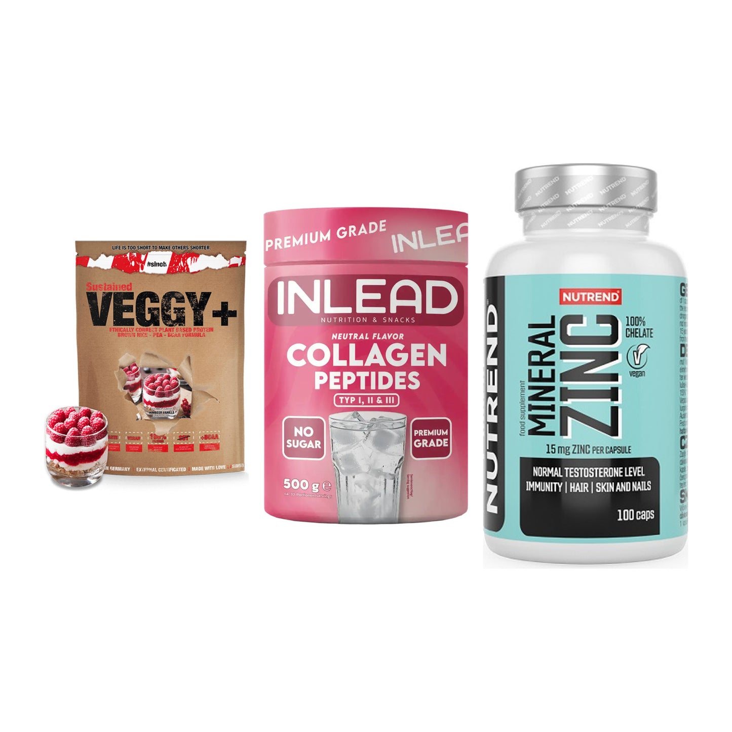 Pflanzliches Set: Sinob VEGGY + INLEAD Collagen + Nutrend Zinc – alle enthaltenen Artikel
