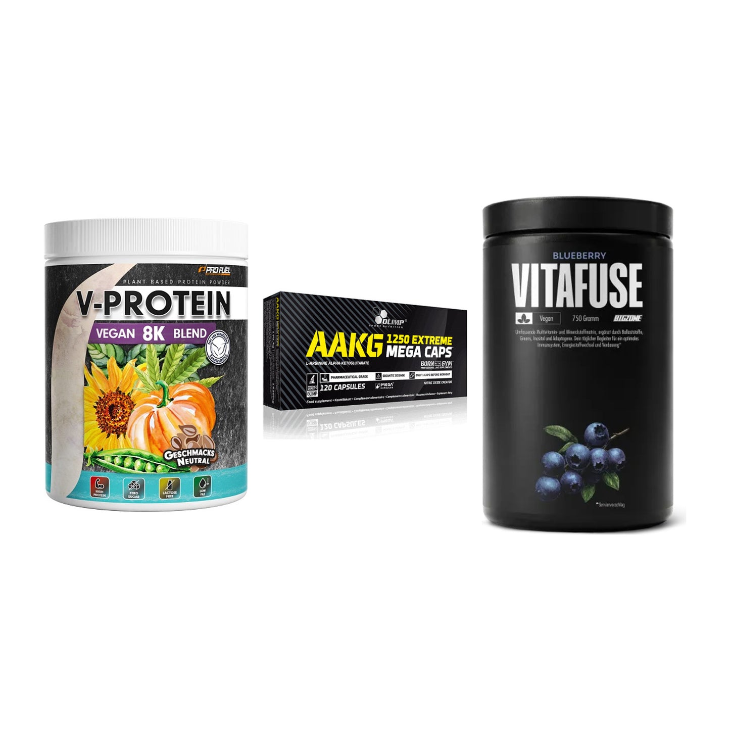 Pflanzliches Set: ProFuel V-Prote + Olimp AAKG + Big Zone – alle enthaltenen Artikel