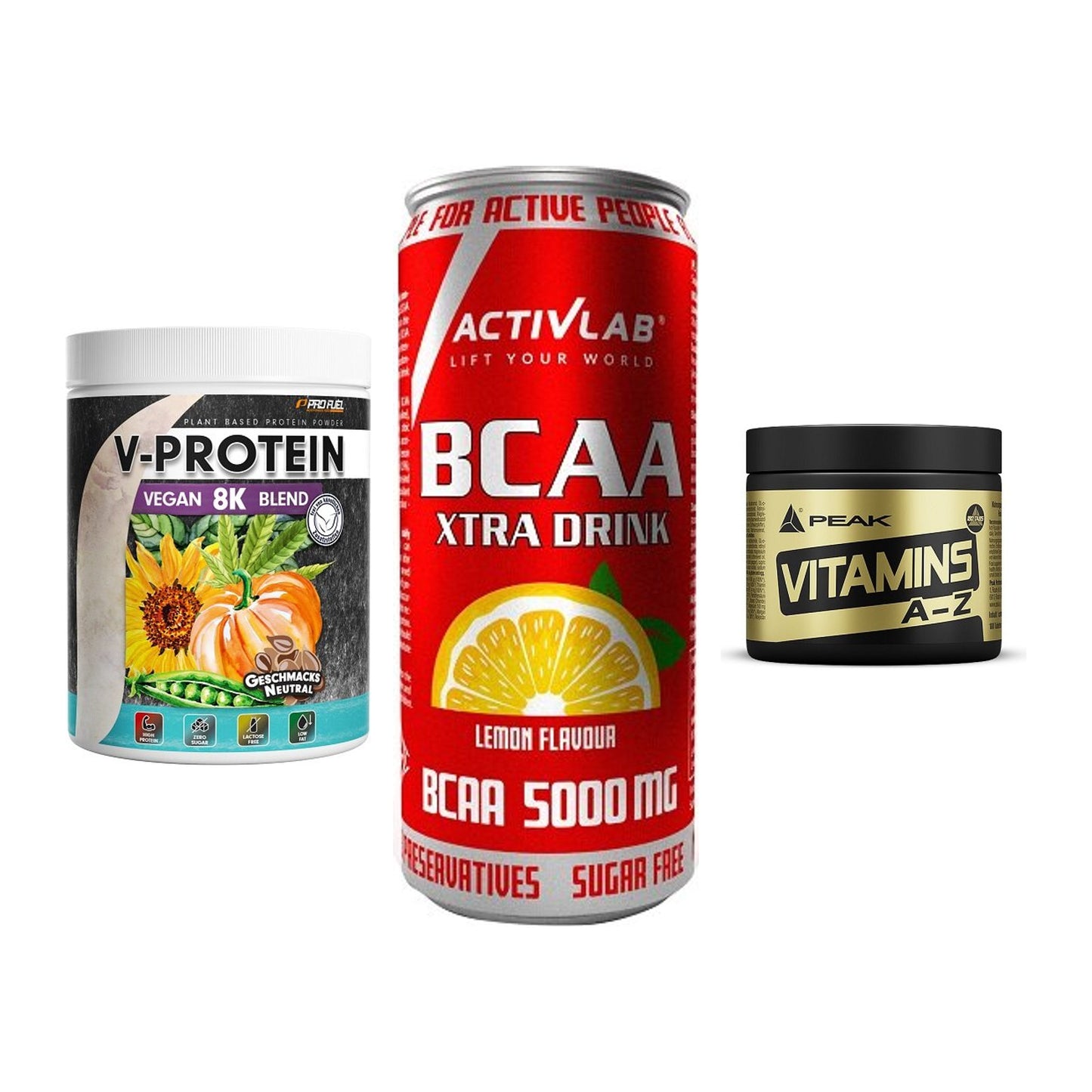 Pflanzliches Set: ProFuel V-Prote + Activlab BCAA + Peak Vitamin – alle enthaltenen Artikel