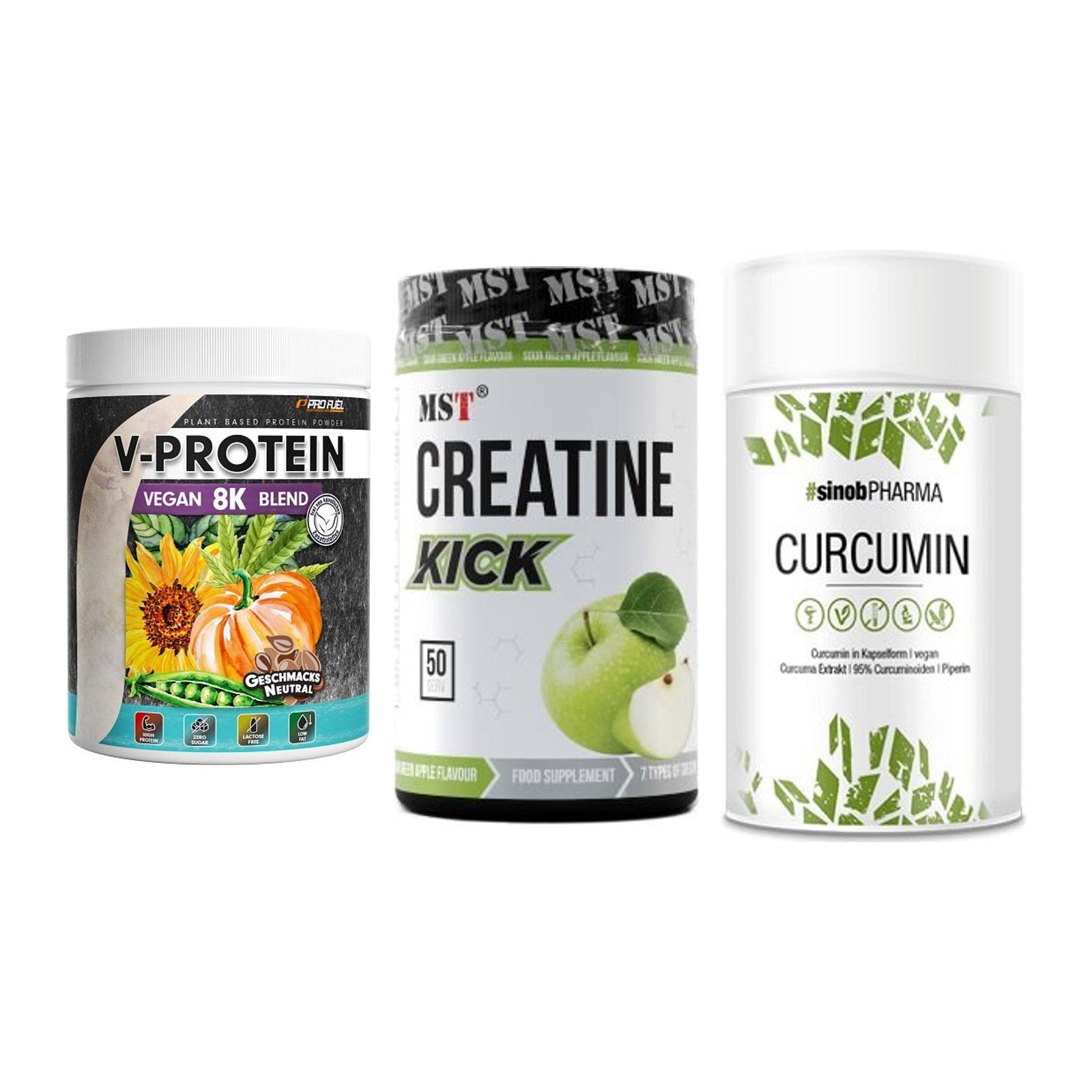 Pflanzliches Set: ProFuel V-Prote + MST Creatine + Sinob Curcumin – alle enthaltenen Artikel