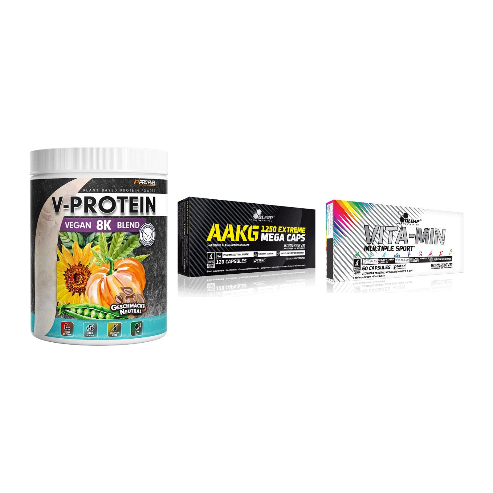Pflanzliches Set: ProFuel V-Prote + Olimp AAKG + Olimp Vita-Min – alle enthaltenen Artikel