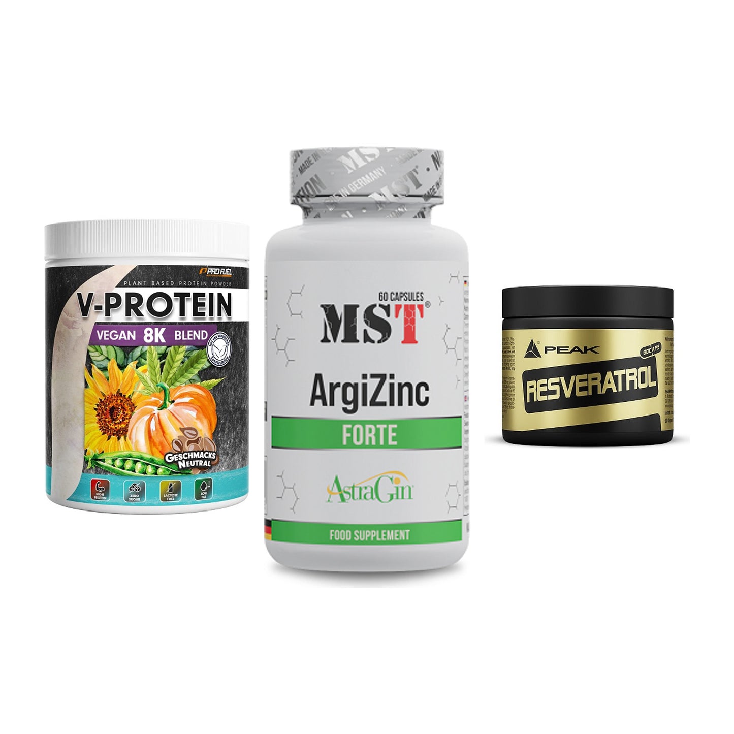 Pflanzliches Set: ProFuel V-Prote + MST ArgiZinc + Peak Resveratro – alle enthaltenen Artikel