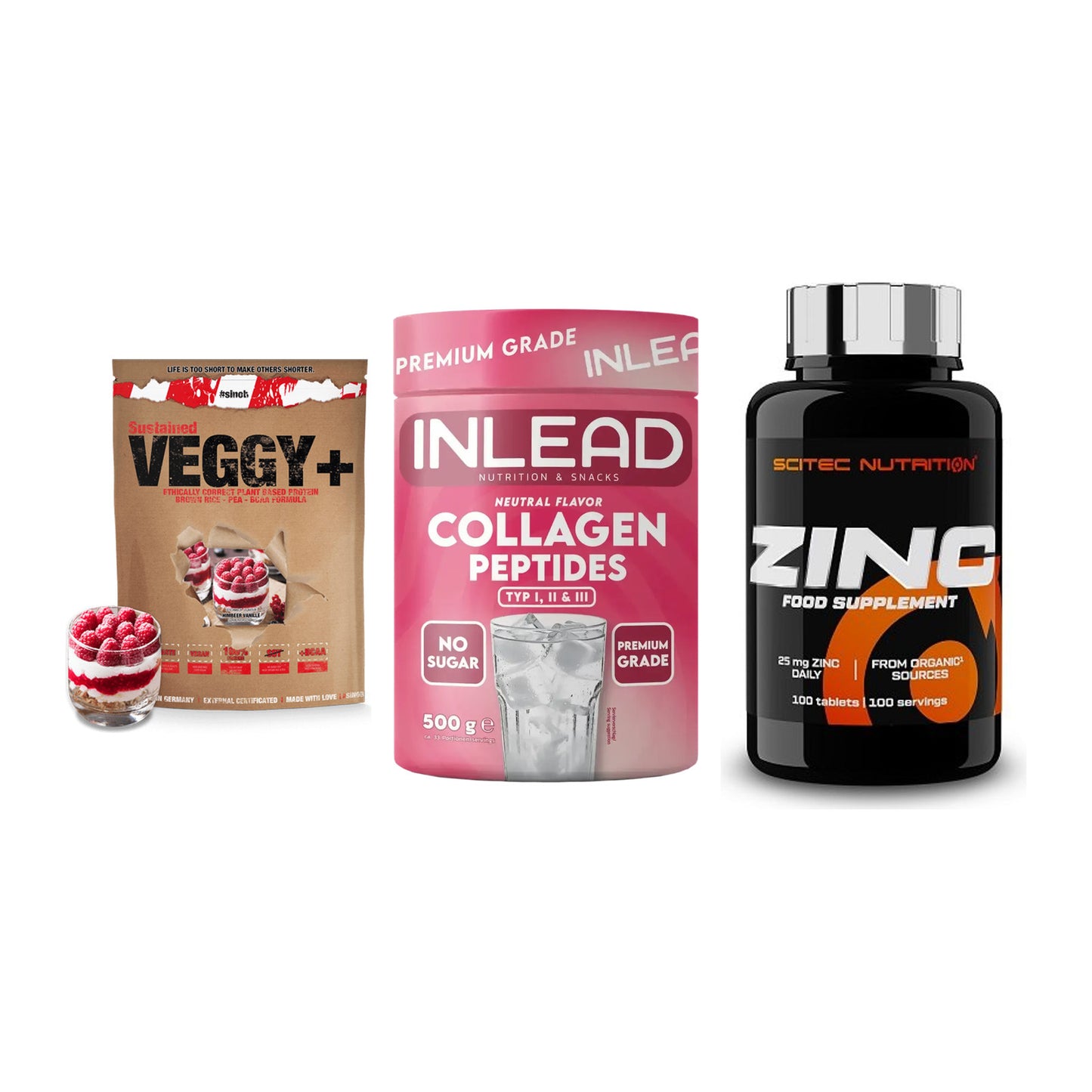 Pflanzliches Set: Sinob VEGGY + INLEAD Collagen + Scitec Zinc – alle enthaltenen Artikel