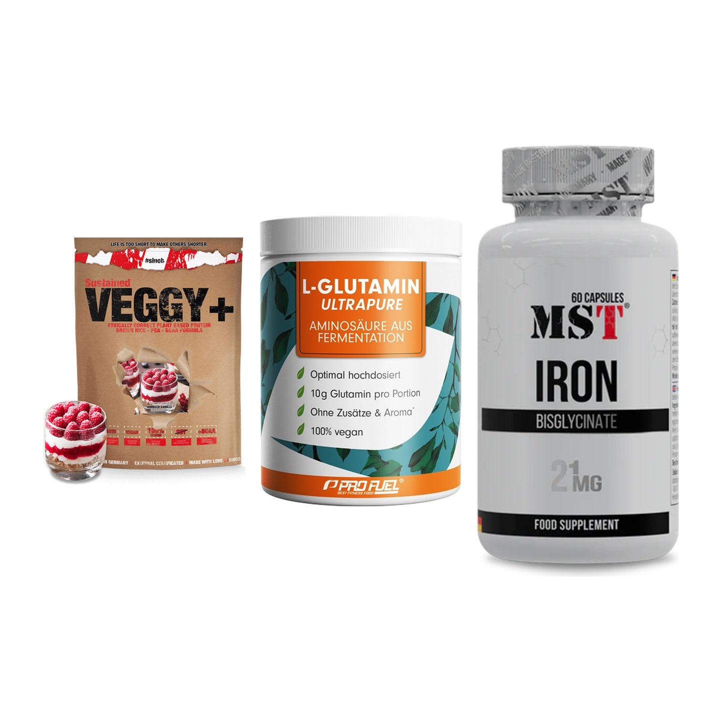 Pflanzliches Set: Sinob VEGGY + ProFuel Glutami + MST Iron – alle enthaltenen Artikel