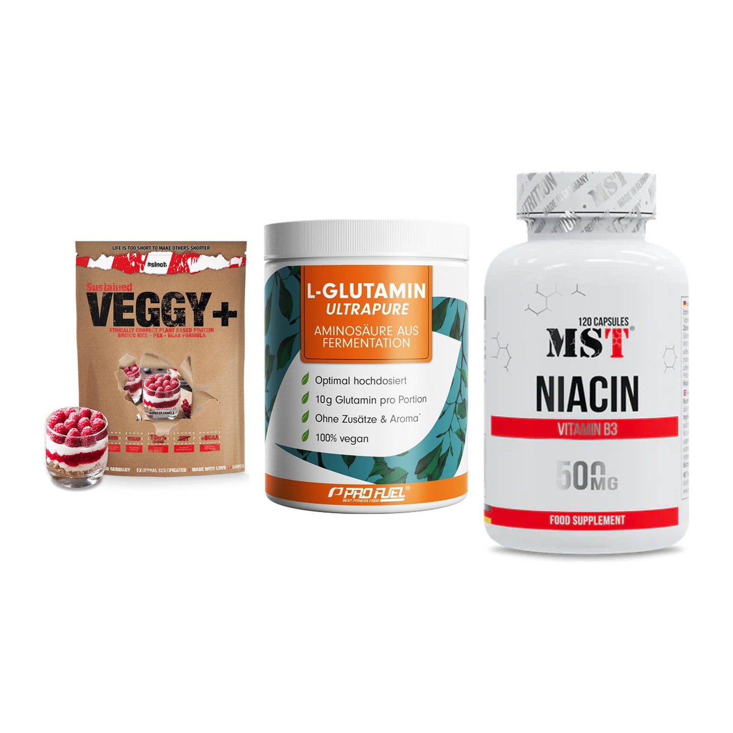 Pflanzliches Set: Sinob VEGGY + ProFuel Glutami + MST Niacin – alle enthaltenen Artikel