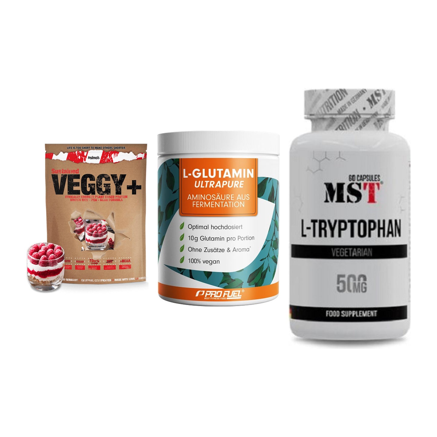Pflanzliches Set: Sinob VEGGY + ProFuel Glutami + MST Tryptophan – alle enthaltenen Artikel