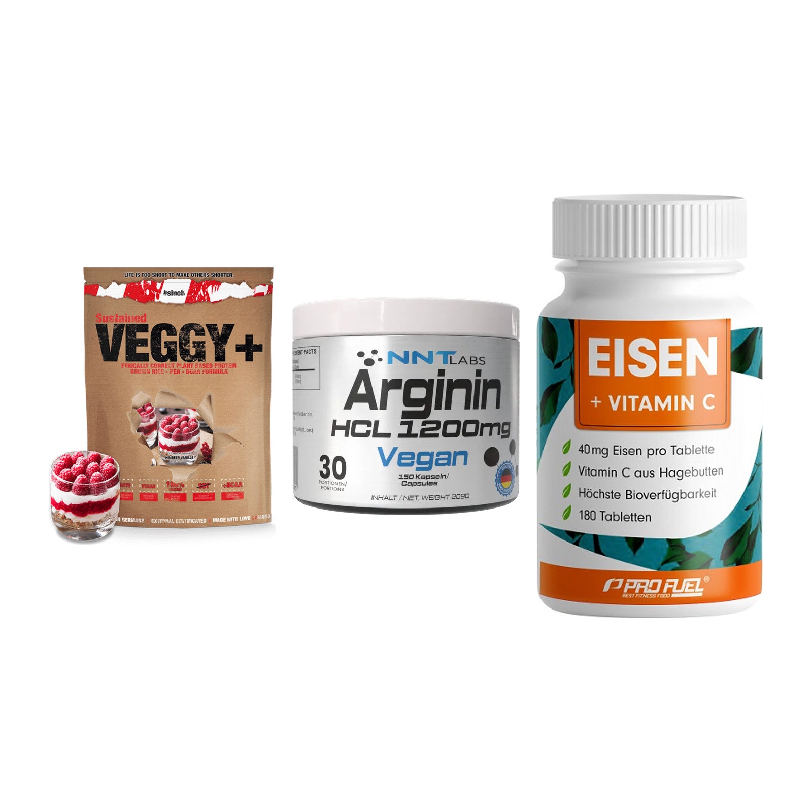 Pflanzliches Set: Sinob VEGGY + NNT Arginin HCL + ProFuel EISEN – alle enthaltenen Artikel