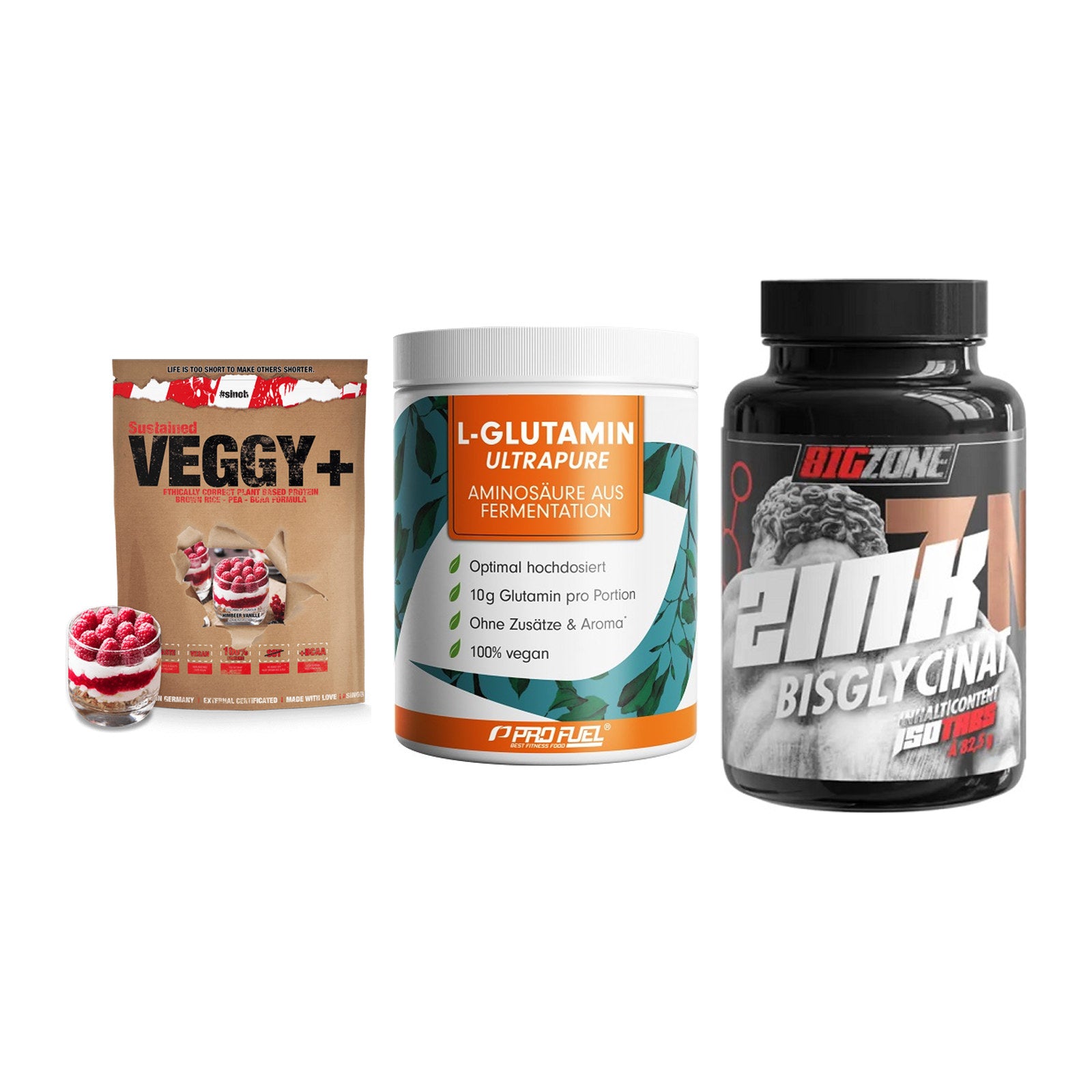 Pflanzliches Set: Sinob VEGGY + ProFuel Glutami + Big Zone Zink – alle enthaltenen Artikel