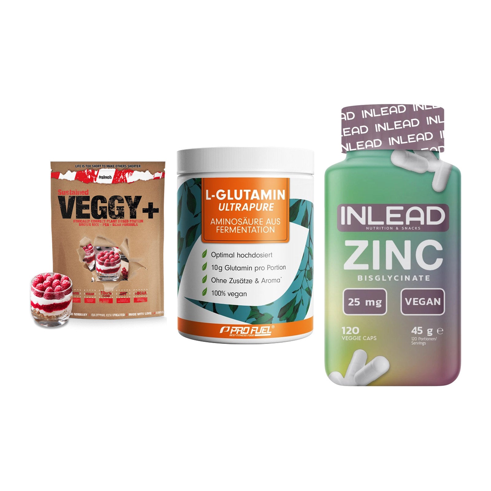 Pflanzliches Set: Sinob VEGGY + ProFuel Glutami + INLEAD Zink – alle enthaltenen Artikel