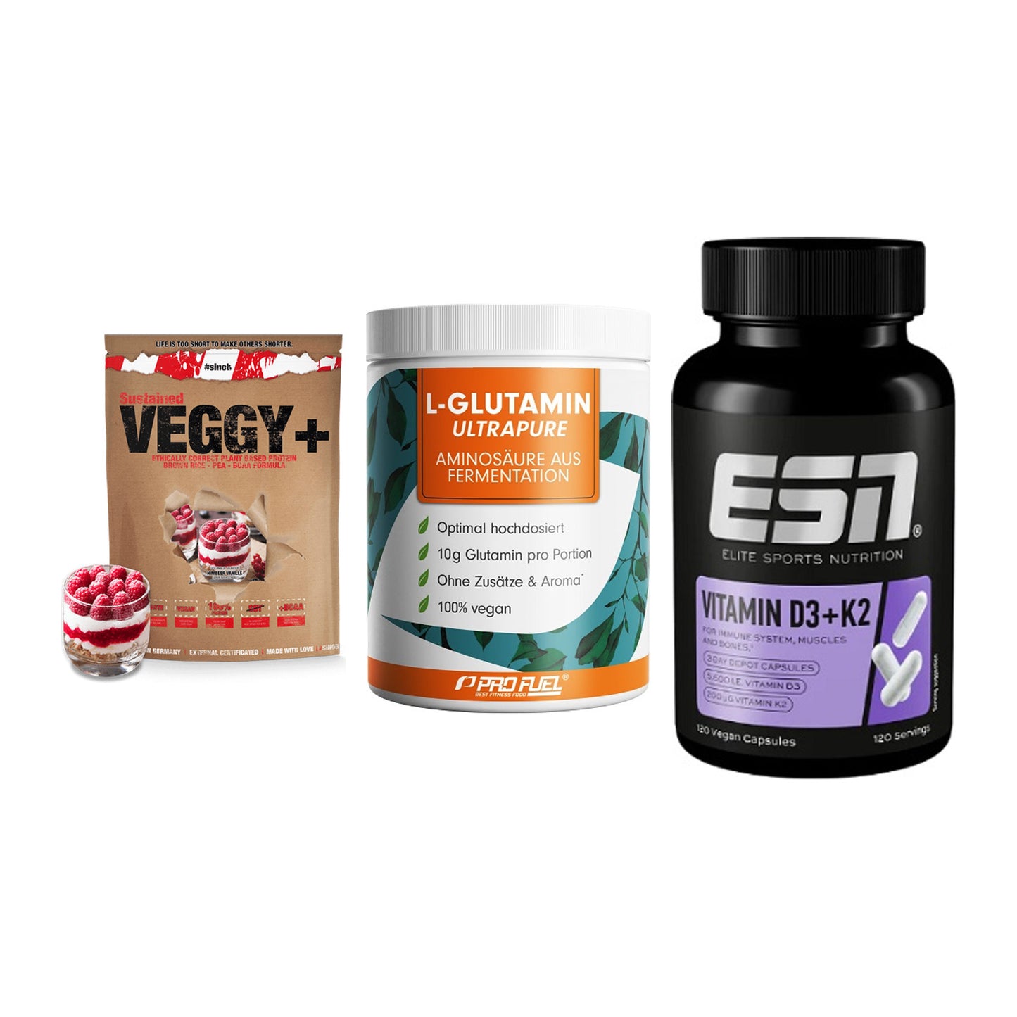 Pflanzliches Set: Sinob VEGGY + ProFuel Glutami + ESN Vitamin D3 – alle enthaltenen Artikel