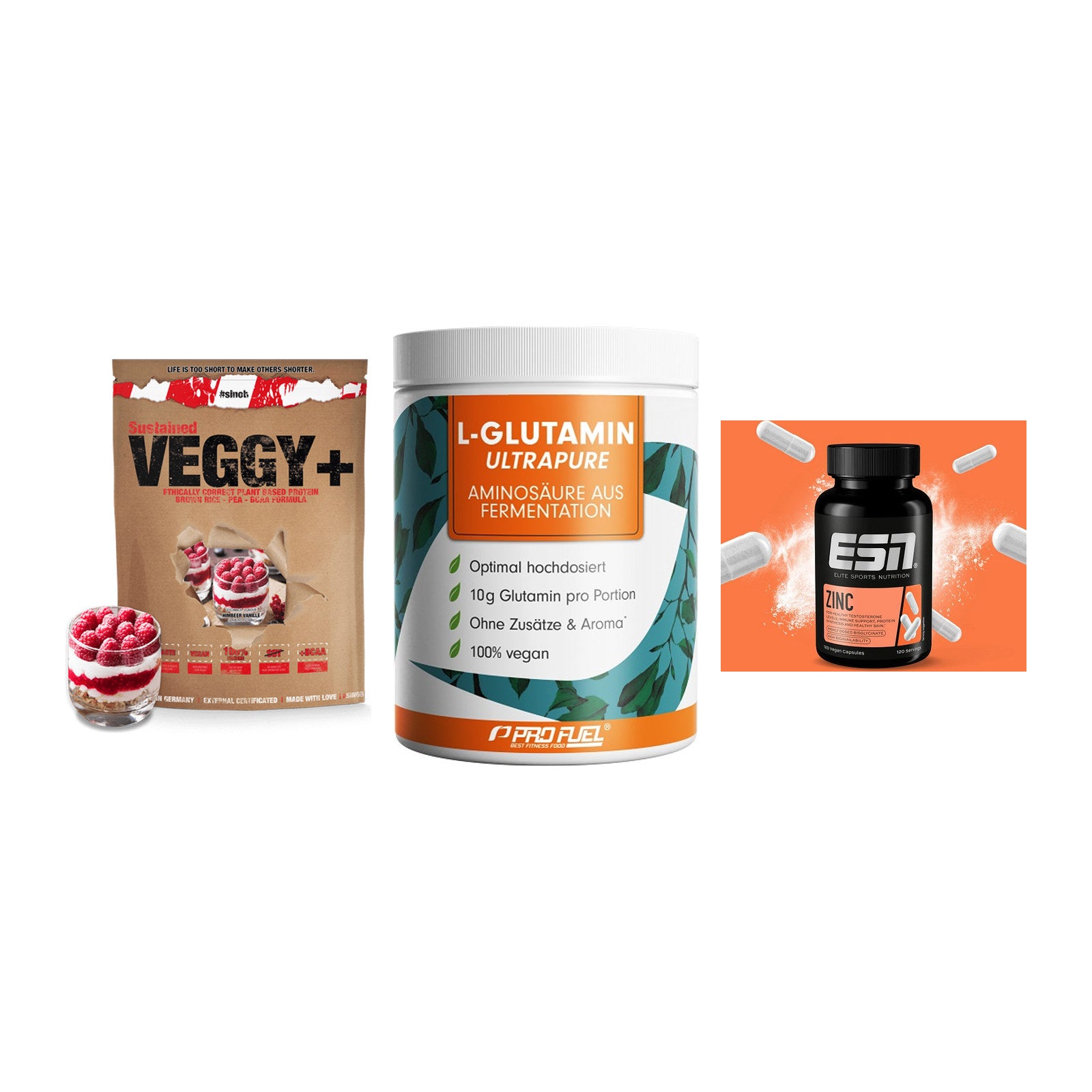 Pflanzliches Set: Sinob VEGGY + ProFuel Glutami + ESN Zinc – alle enthaltenen Artikel