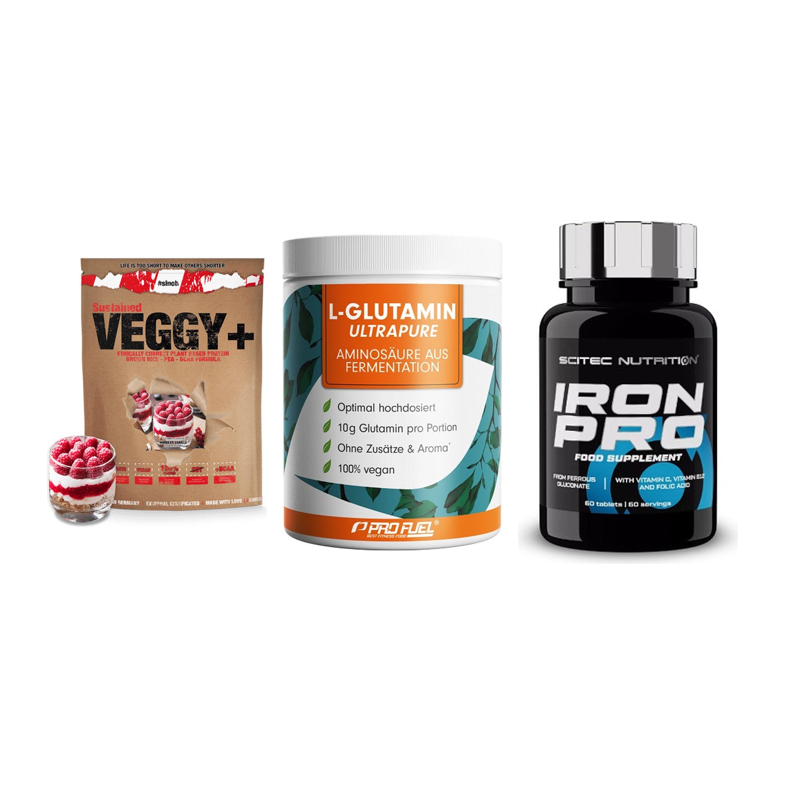Pflanzliches Set: Sinob VEGGY + ProFuel Glutami + Scitec Iron Pro – alle enthaltenen Artikel