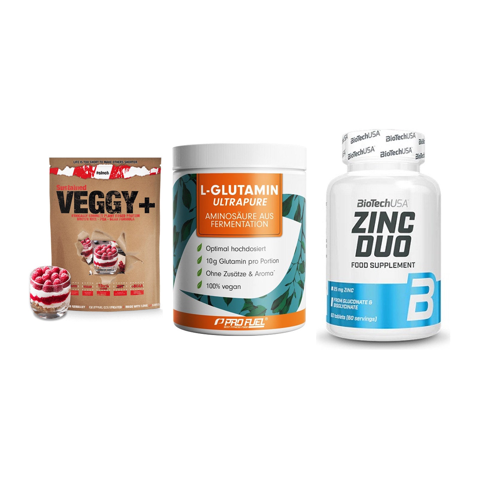 Pflanzliches Set: Sinob VEGGY + ProFuel Glutami + BioTech Zinc – alle enthaltenen Artikel
