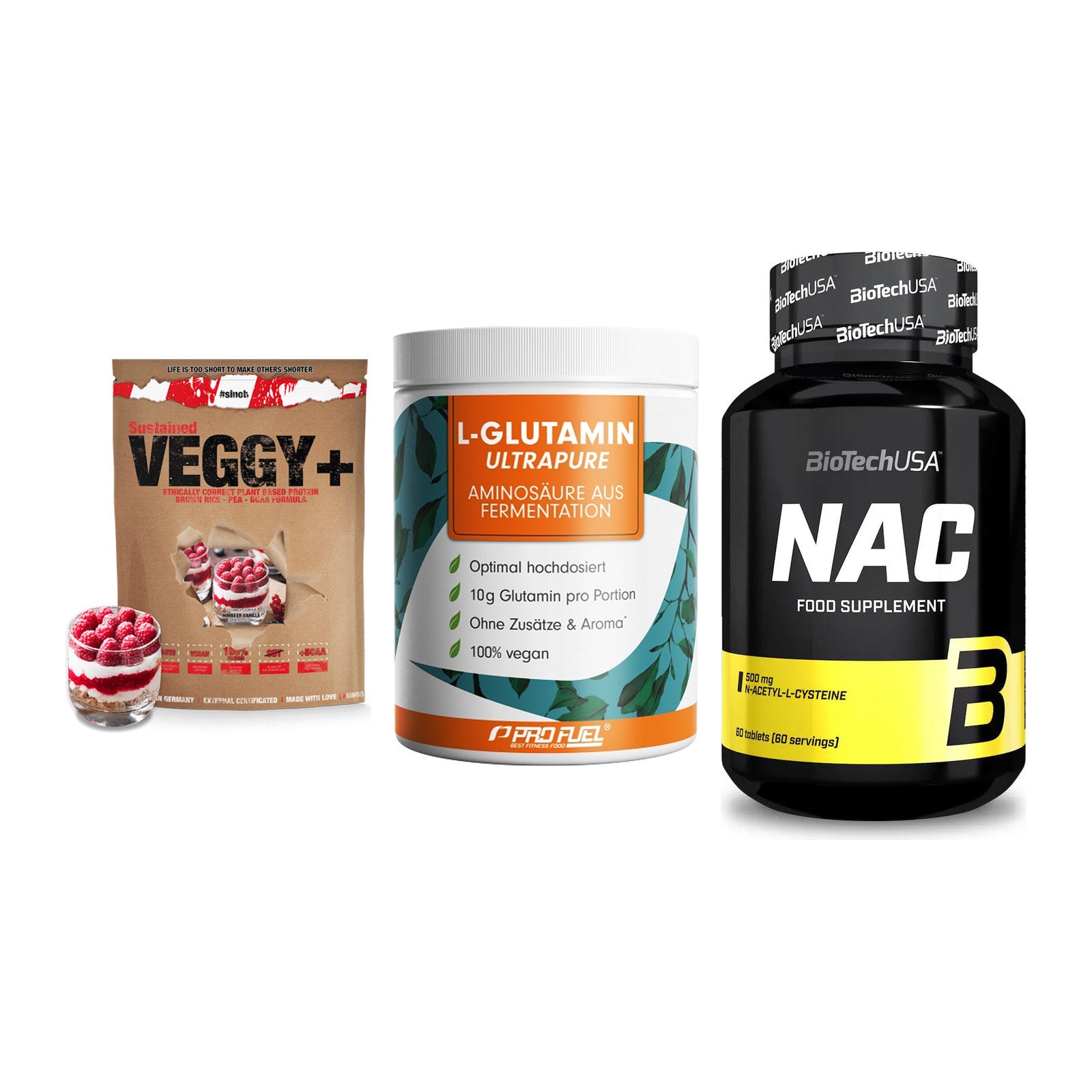 Pflanzliches Set: Sinob VEGGY + ProFuel Glutami + BioTech NAC – alle enthaltenen Artikel