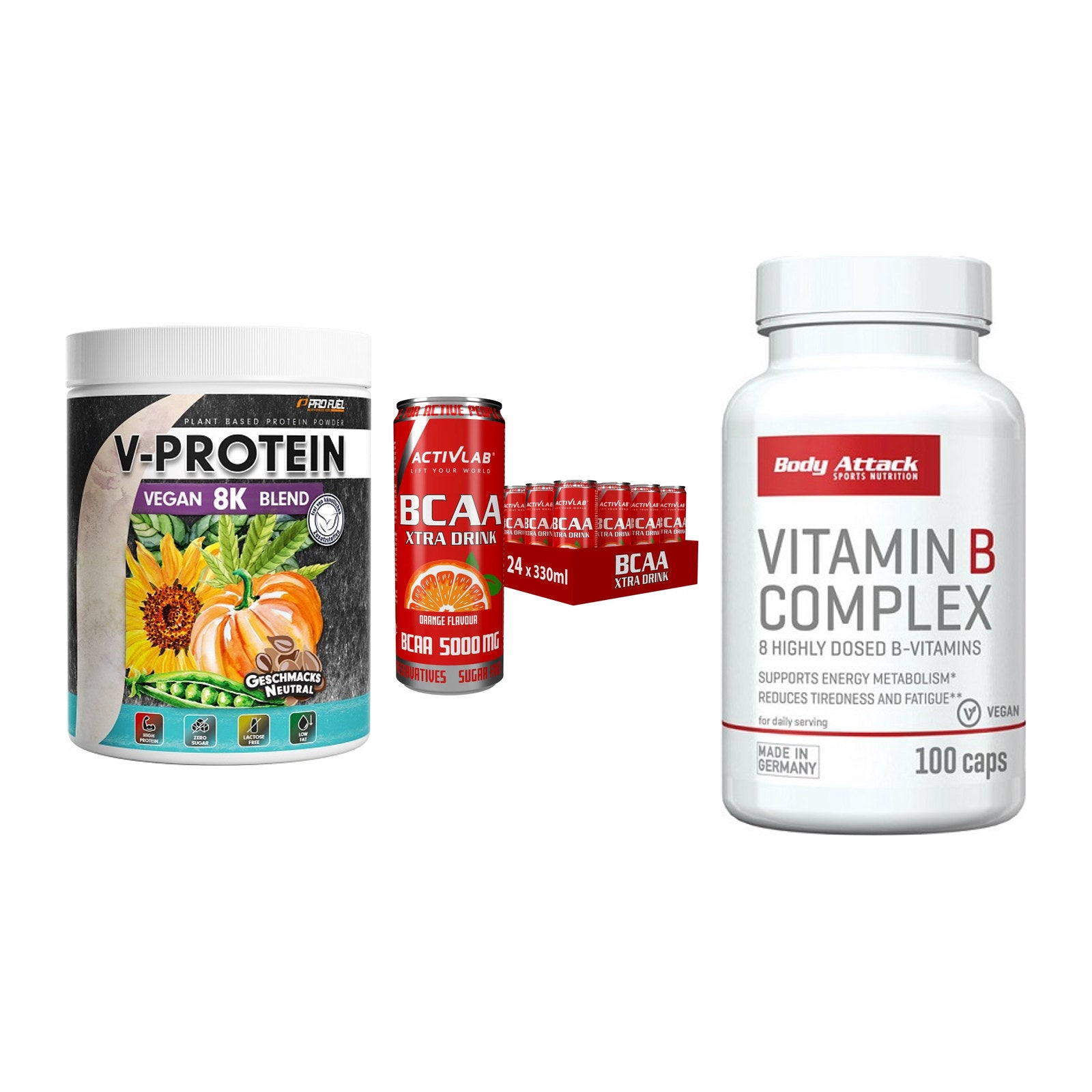 Pflanzliches Set: ProFuel V-Prote + Activlab BCAA + Body Attack – alle enthaltenen Artikel