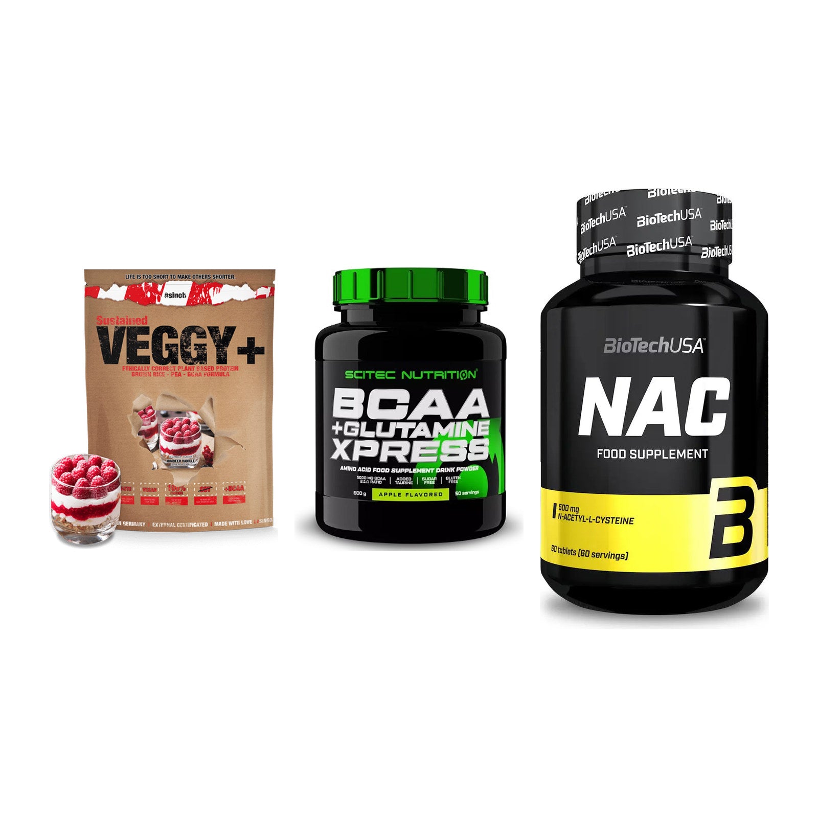 Pflanzliches Set: Sinob VEGGY + Scitec BCAA + BioTech NAC – alle enthaltenen Artikel