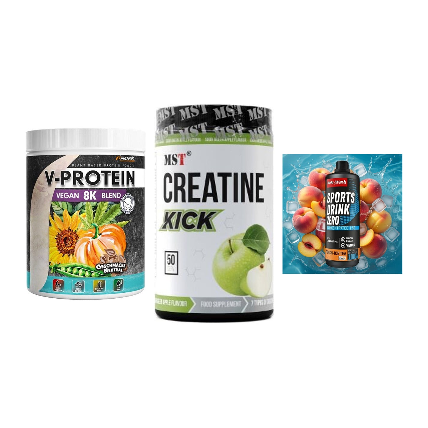 Pflanzliches Set: ProFuel V-Prote + MST Creatine + Body Attack – alle enthaltenen Artikel