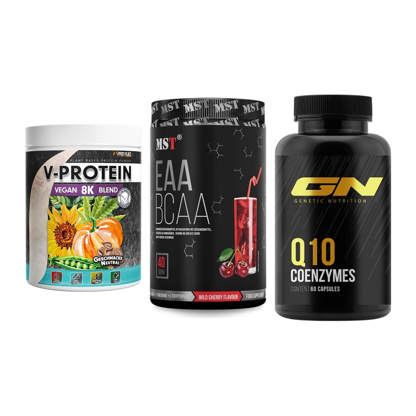 Pflanzliches Set: ProFuel V-Prote + MST EAA & BCAA + GN Q10 Health – alle enthaltenen Artikel