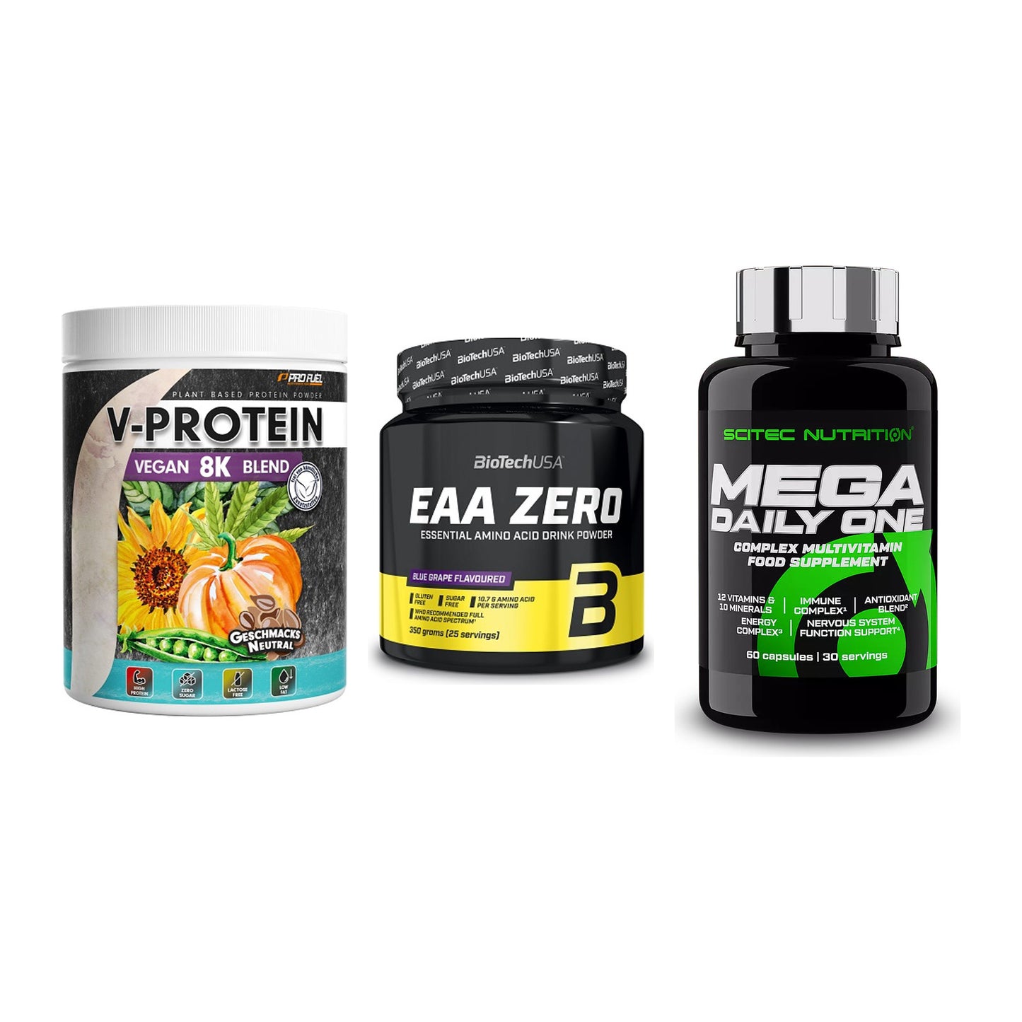 Pflanzliches Set: ProFuel V-Prote + BioTech EAA + Scitec Mega – alle enthaltenen Artikel