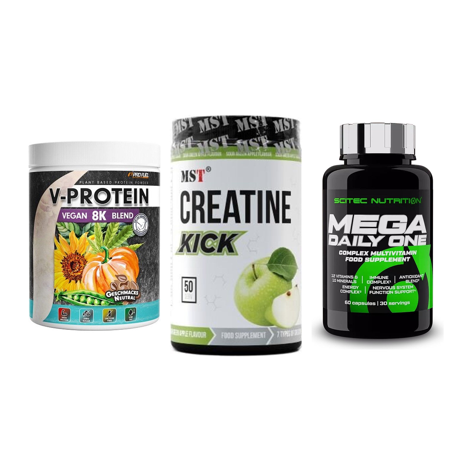 Pflanzliches Set: ProFuel V-Prote + MST Creatine + Scitec Mega – alle enthaltenen Artikel