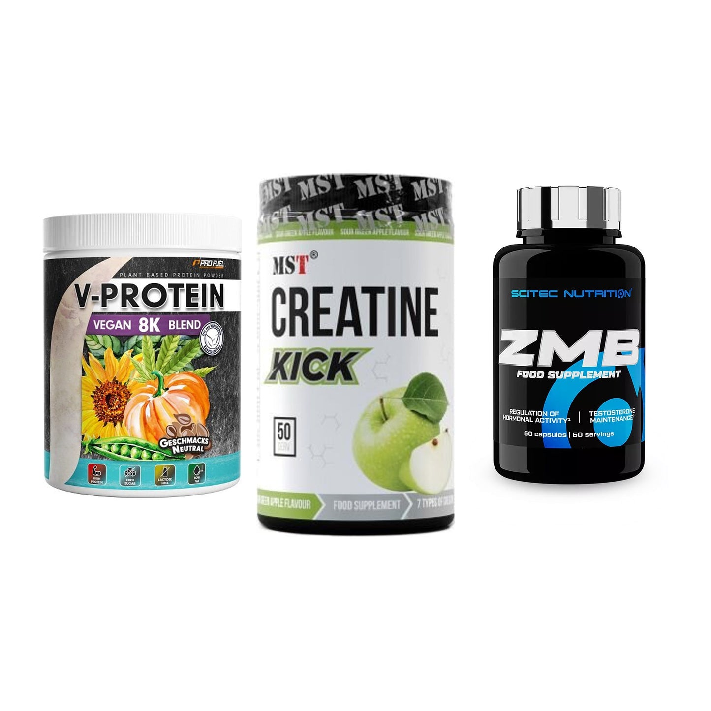 Pflanzliches Set: ProFuel V-Prote + MST Creatine + Scitec ZMB – alle enthaltenen Artikel