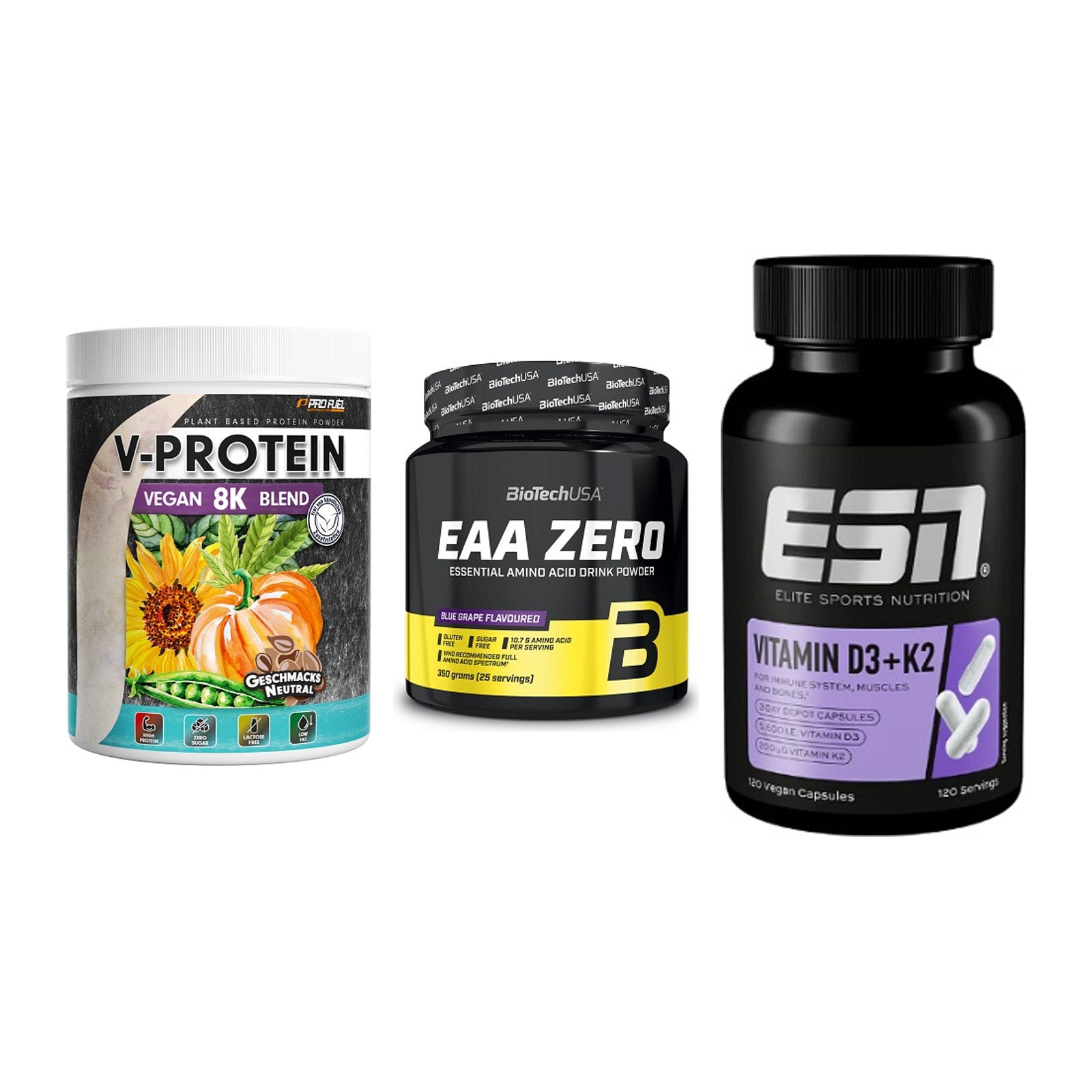 Pflanzliches Set: ProFuel V-Prote + BioTech EAA + ESN Vitamin D3 – alle enthaltenen Artikel