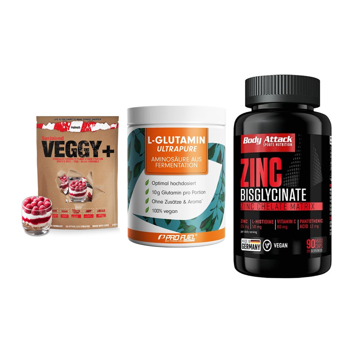 Pflanzliches Set: Sinob VEGGY + ProFuel Glutami + Body Attack – alle enthaltenen Artikel