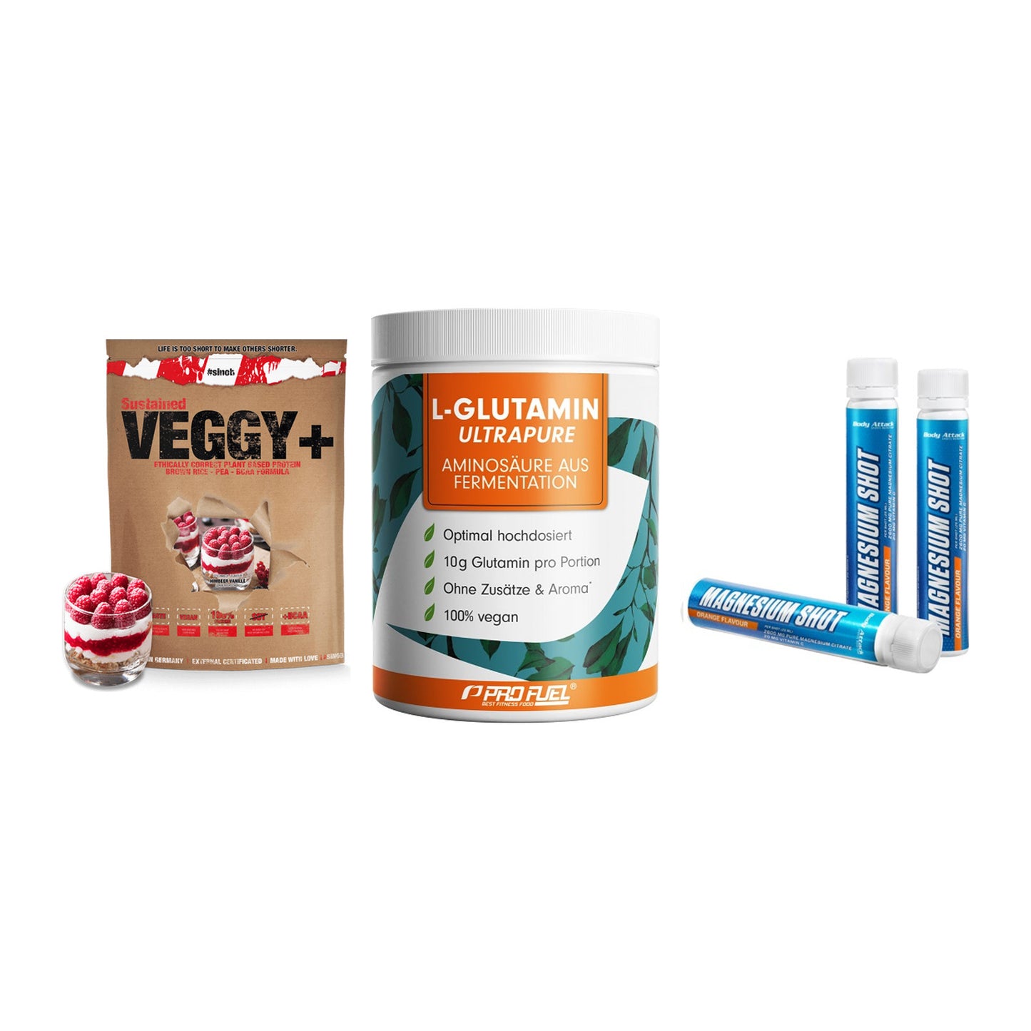 Pflanzliches Set: Sinob VEGGY + ProFuel Glutami + Body Attack – alle enthaltenen Artikel