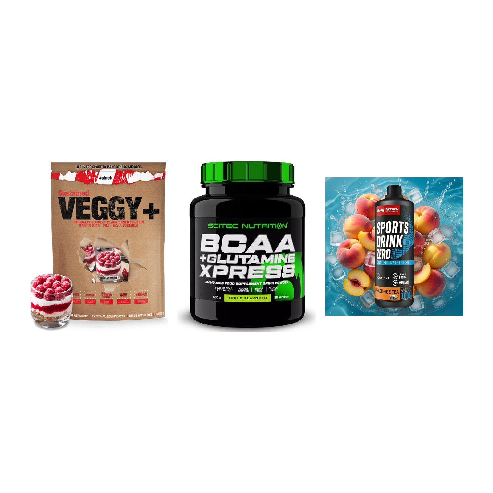 Pflanzliches Set: Sinob VEGGY + Scitec BCAA + Body Attack – alle enthaltenen Artikel