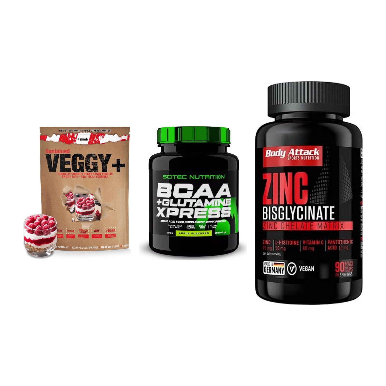 Pflanzliches Set: Sinob VEGGY + Scitec BCAA + Body Attack – alle enthaltenen Artikel