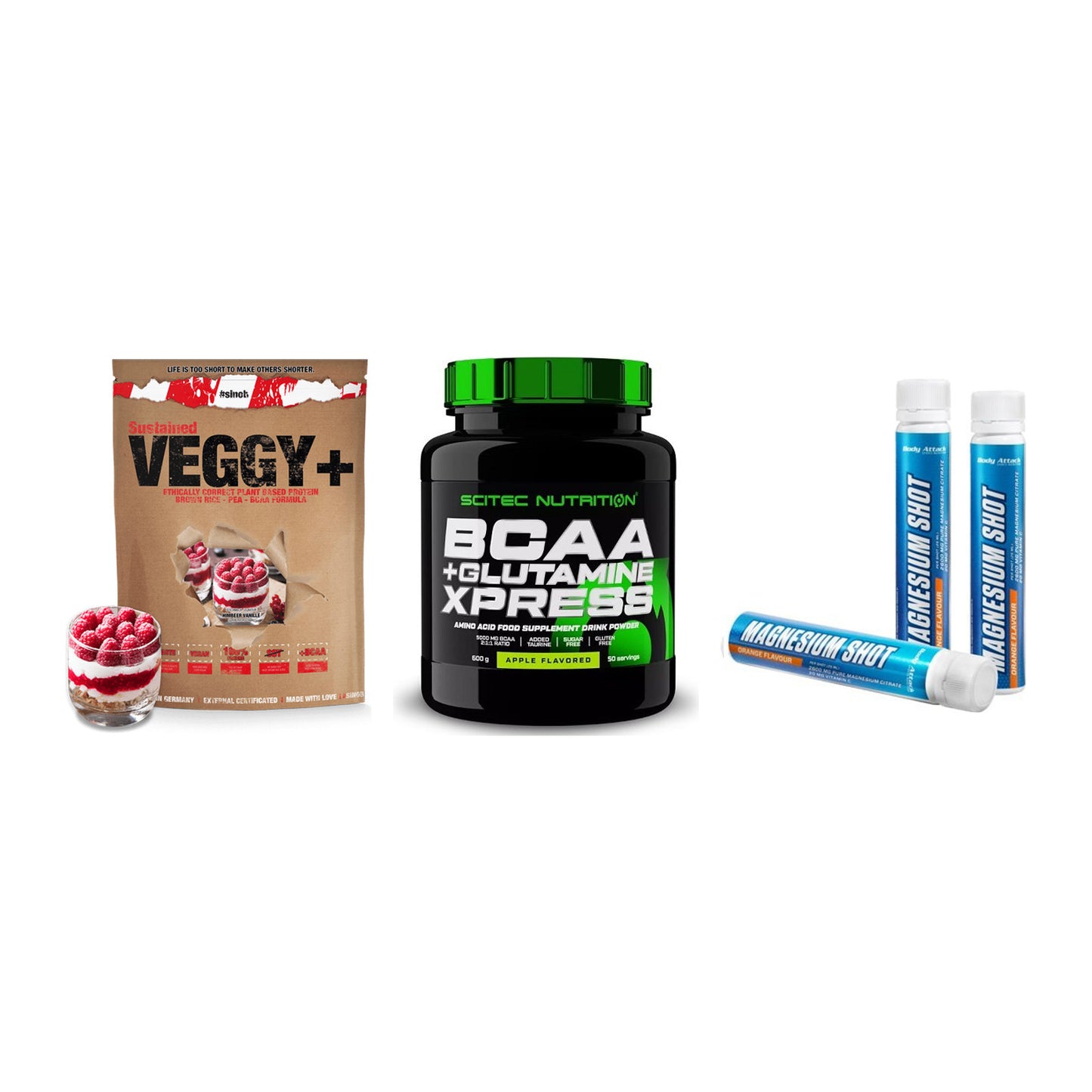 Pflanzliches Set: Sinob VEGGY + Scitec BCAA + Body Attack – alle enthaltenen Artikel
