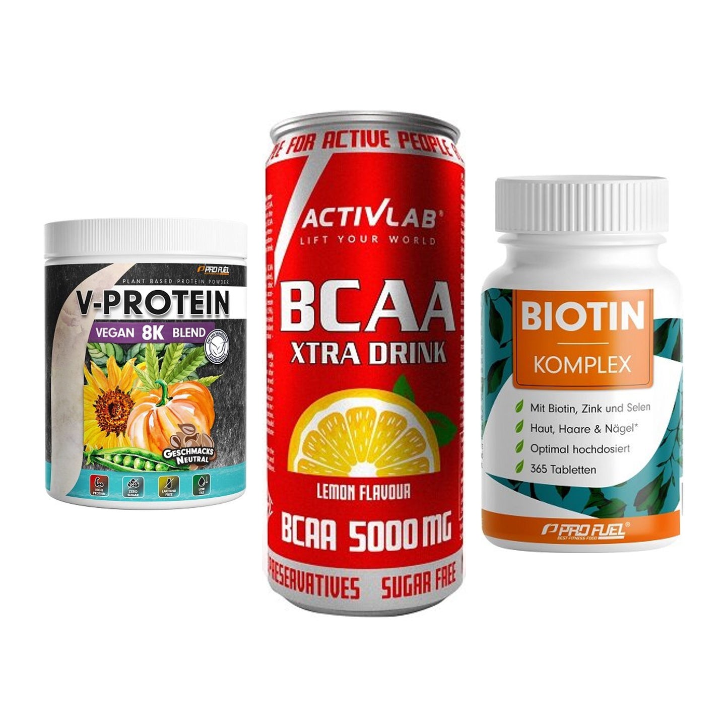 Pflanzliches Set: ProFuel V-Prote + Activlab BCAA + ProFuel BIOTIN – alle enthaltenen Artikel