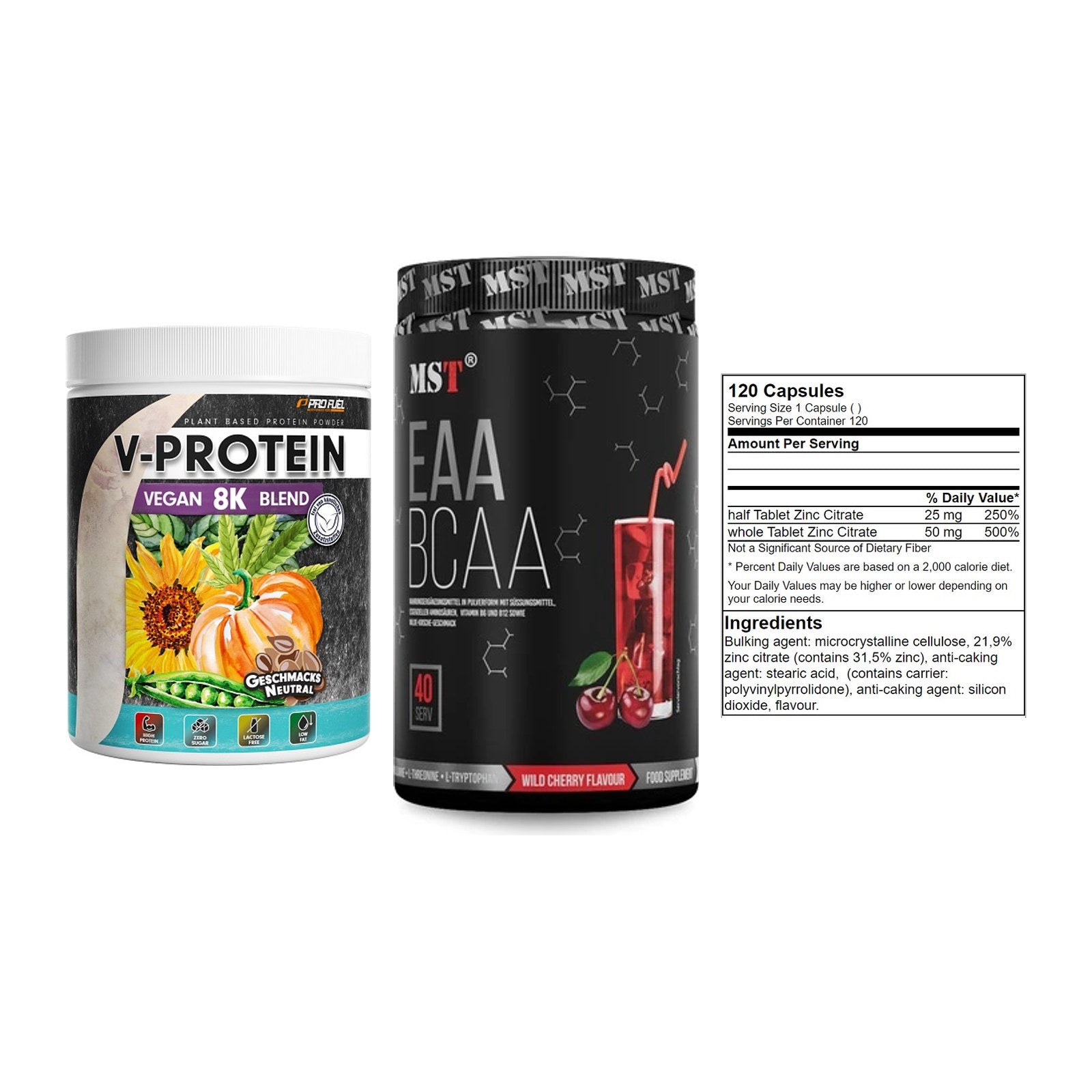 Pflanzliches Set: ProFuel V-Prote + MST EAA & BCAA + GN Zinc Citrate – alle enthaltenen Artikel