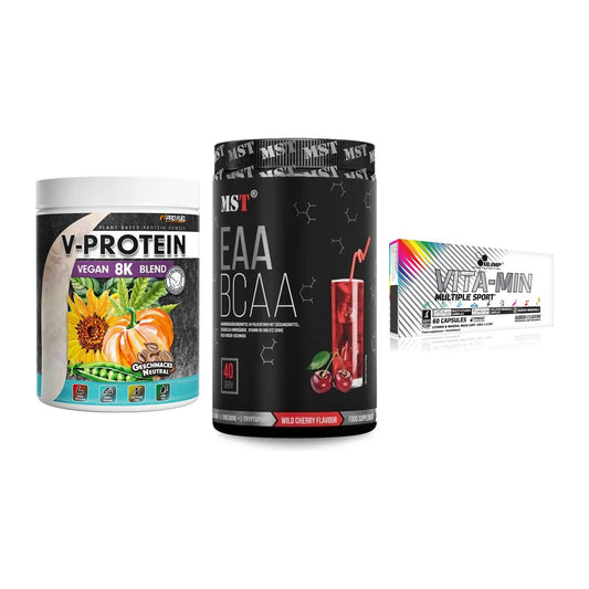 Pflanzliches Set: ProFuel V-Prote + MST EAA & BCAA + Olimp Vita-Min – alle enthaltenen Artikel