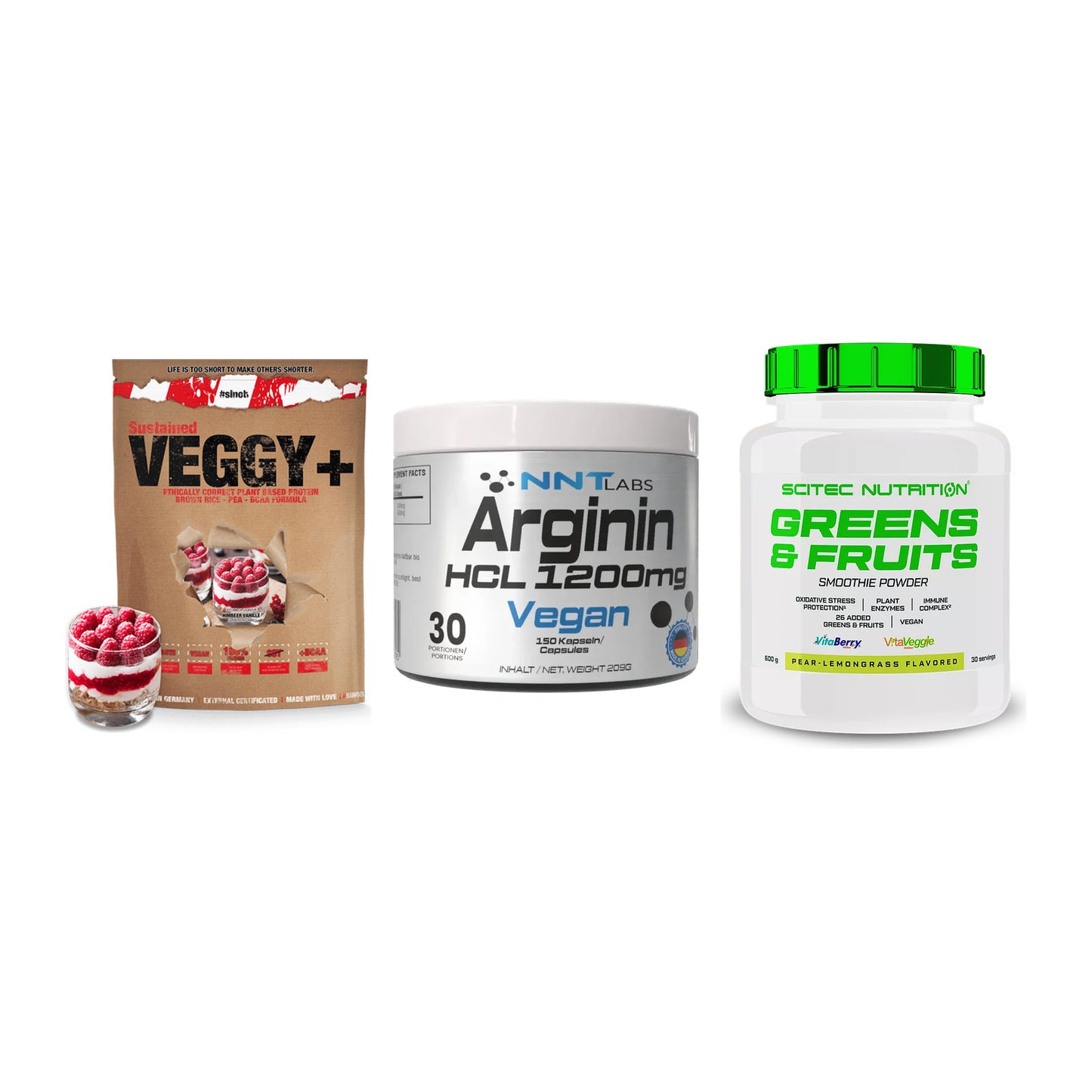 Pflanzliches Set: Sinob VEGGY + NNT Arginin HCL + Scitec Greens – alle enthaltenen Artikel