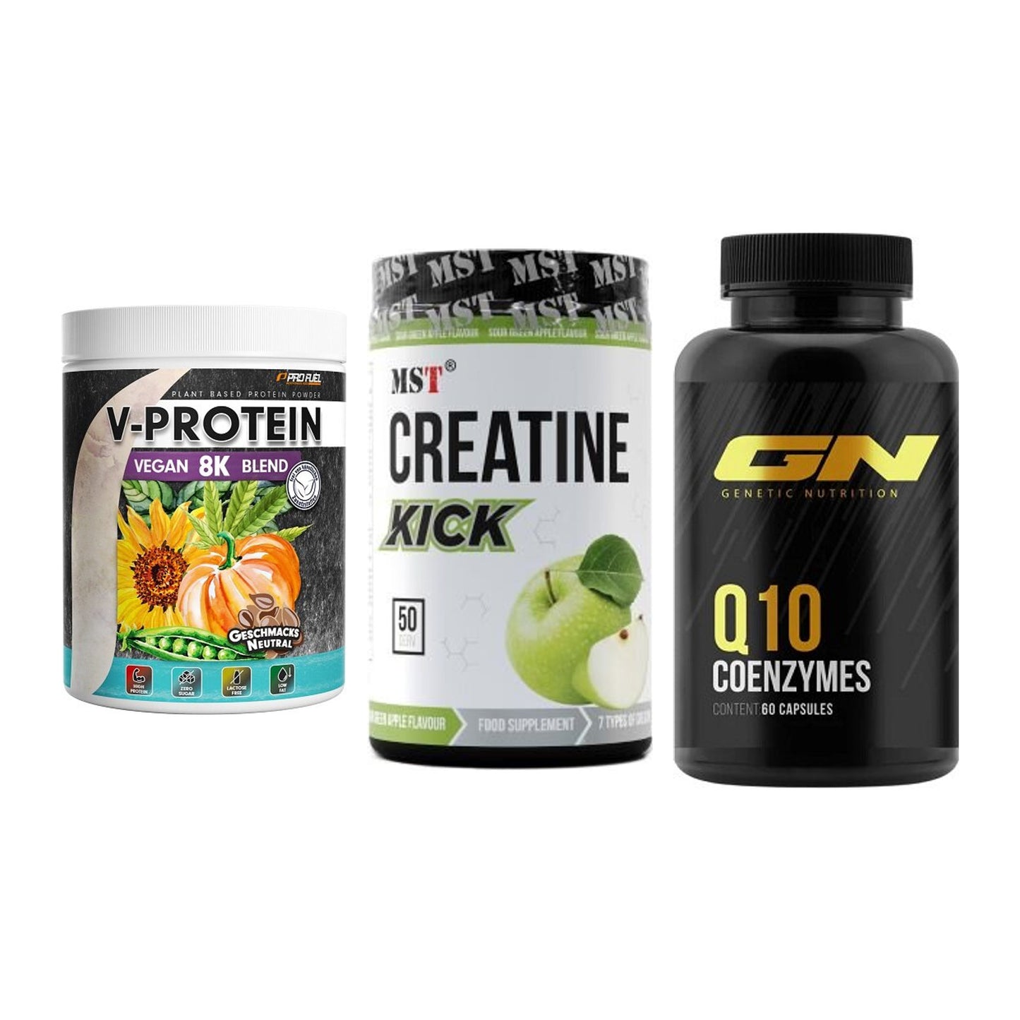 Pflanzliches Set: ProFuel V-Prote + MST Creatine + GN Q10 Health – alle enthaltenen Artikel